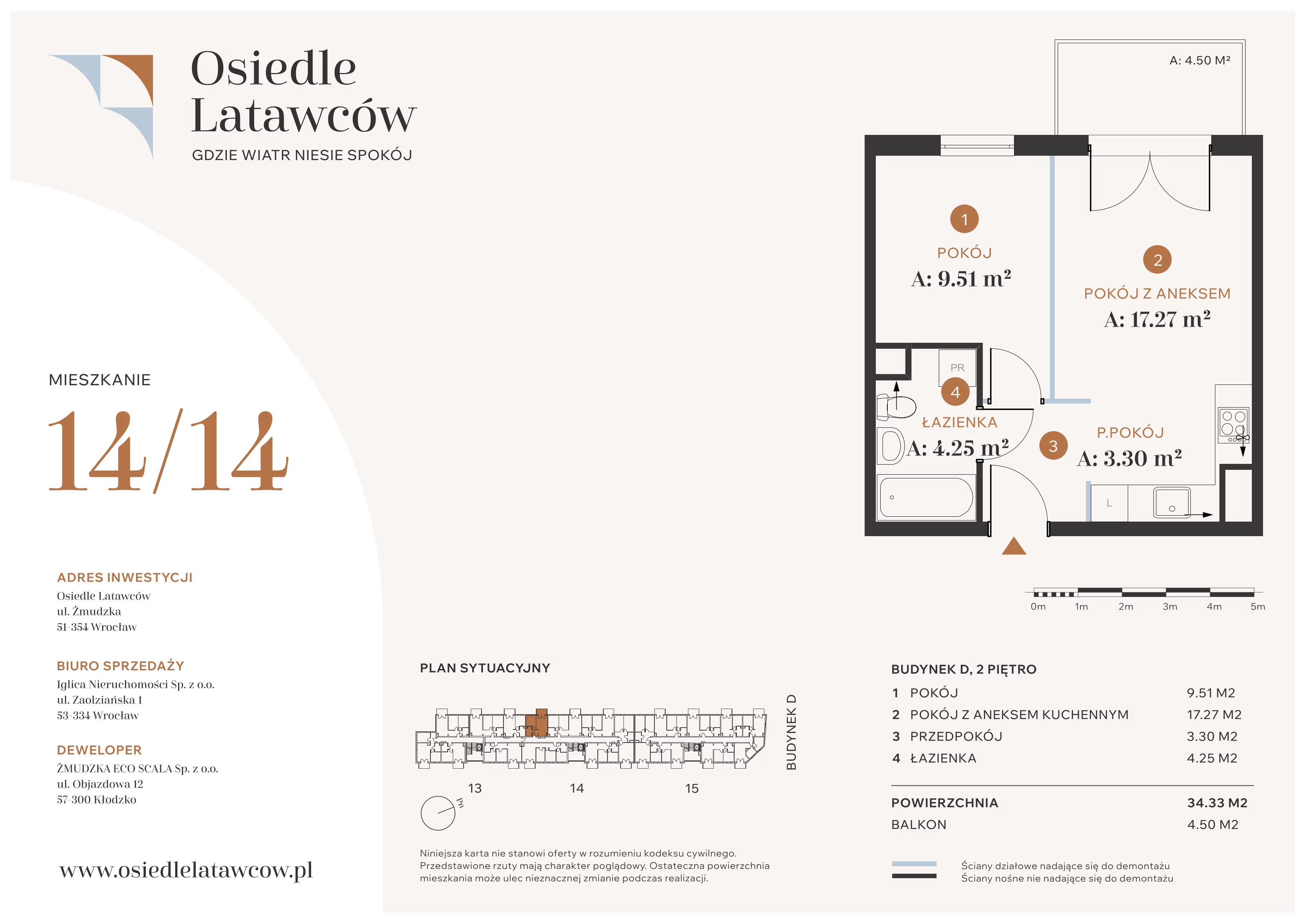 2 pokoje, mieszkanie 34,33 m², piętro 2, oferta nr D14-14, Osiedle Latawców, Wrocław, Psie Pole-Zawidawie, Psie Pole, ul. Grodzieńska