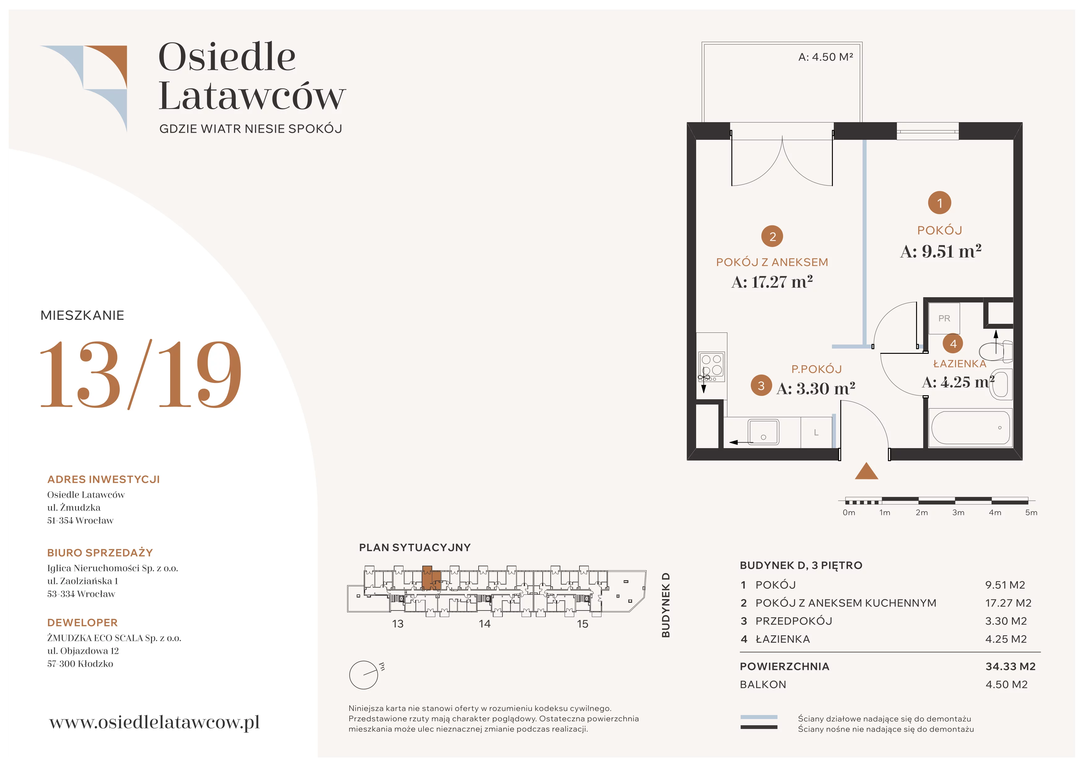 2 pokoje, mieszkanie 34,33 m², piętro 3, oferta nr D13-19, Osiedle Latawców, Wrocław, Psie Pole-Zawidawie, Psie Pole, ul. Grodzieńska