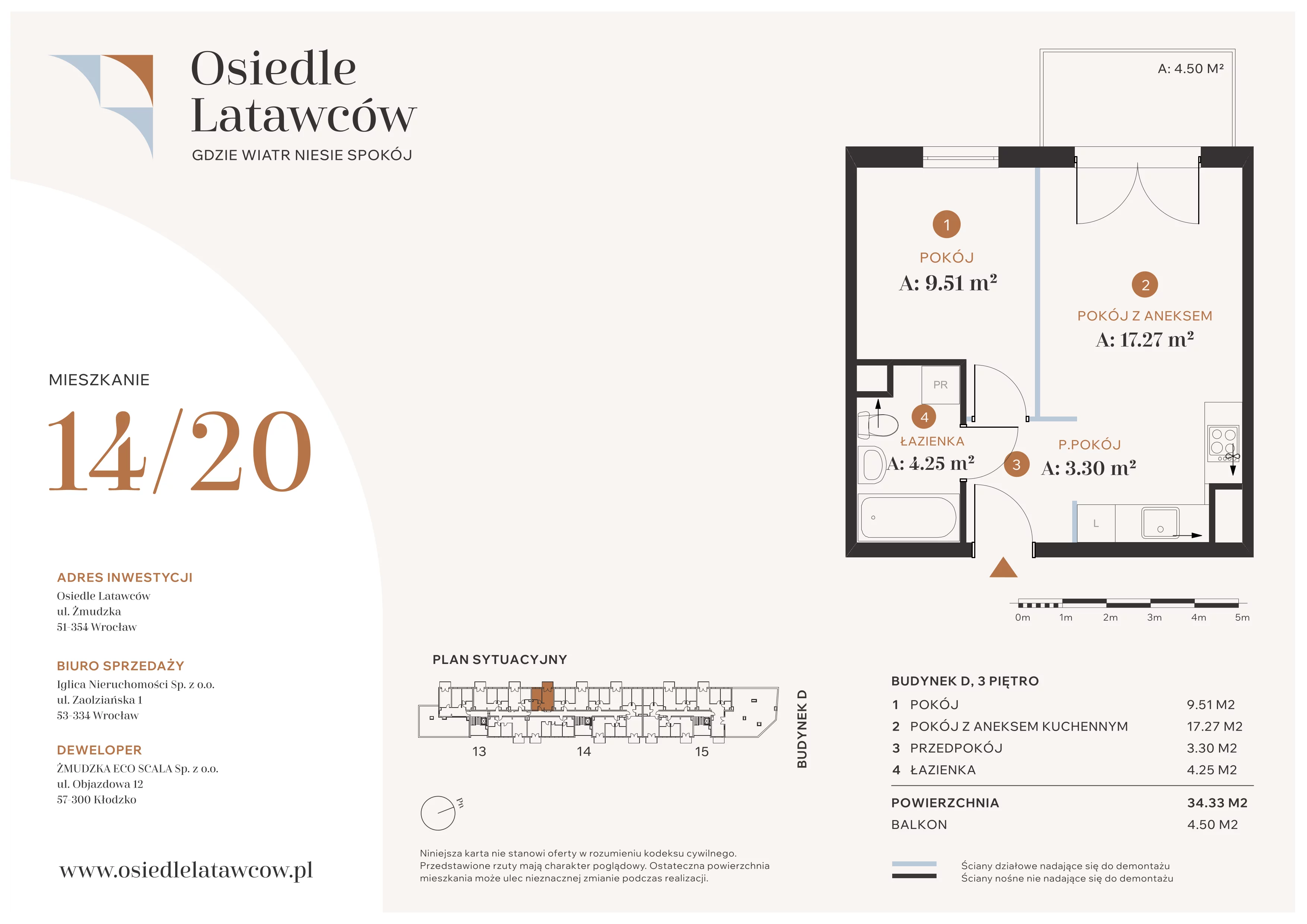 2 pokoje, mieszkanie 34,33 m², piętro 3, oferta nr D14-20, Osiedle Latawców, Wrocław, Psie Pole-Zawidawie, Psie Pole, ul. Grodzieńska
