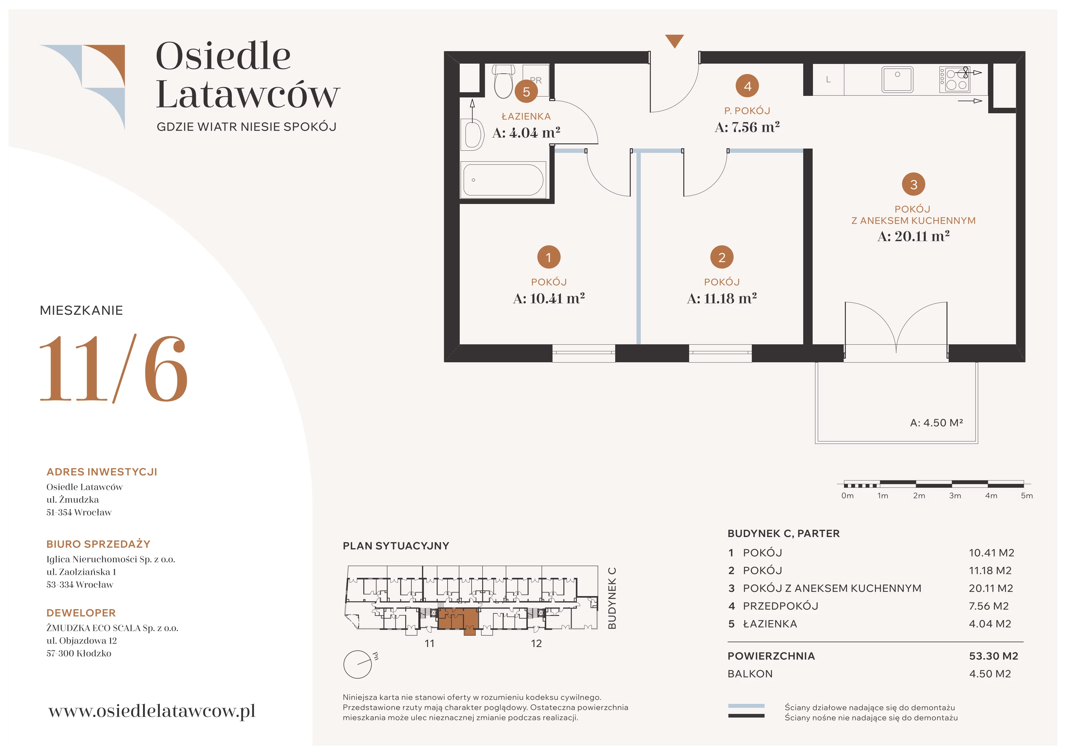 3 pokoje, mieszkanie 53,30 m², parter, oferta nr C11-6, Osiedle Latawców, Wrocław, Psie Pole-Zawidawie, Psie Pole, ul. Grodzieńska