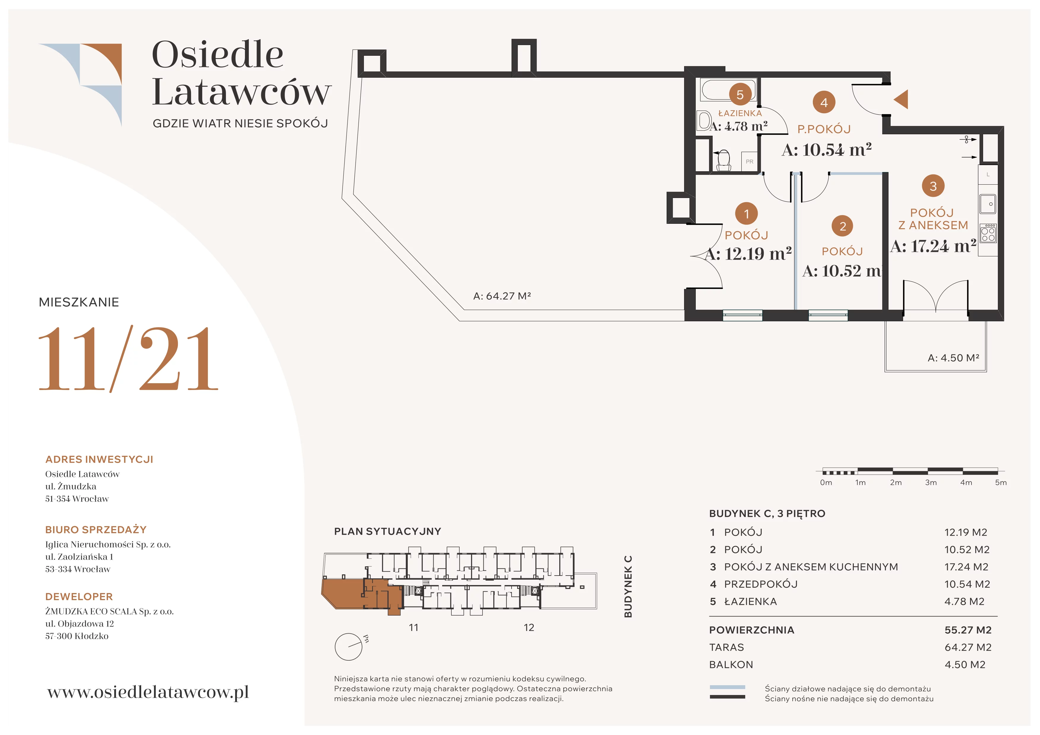 3 pokoje, mieszkanie 55,27 m², piętro 3, oferta nr C11-21, Osiedle Latawców, Wrocław, Psie Pole-Zawidawie, Psie Pole, ul. Grodzieńska