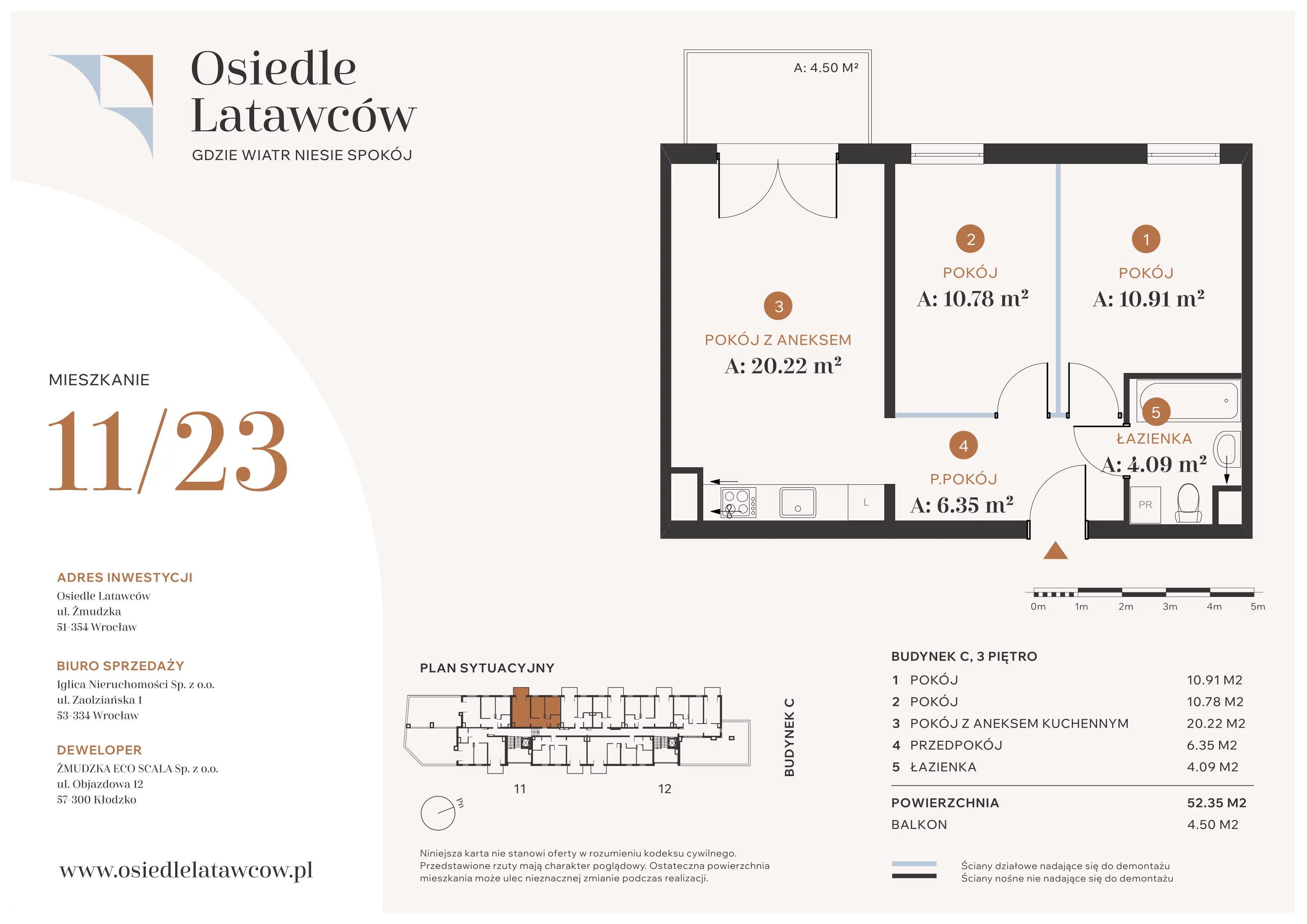 3 pokoje, mieszkanie 52,35 m², piętro 3, oferta nr C11-23, Osiedle Latawców, Wrocław, Psie Pole-Zawidawie, Psie Pole, ul. Grodzieńska