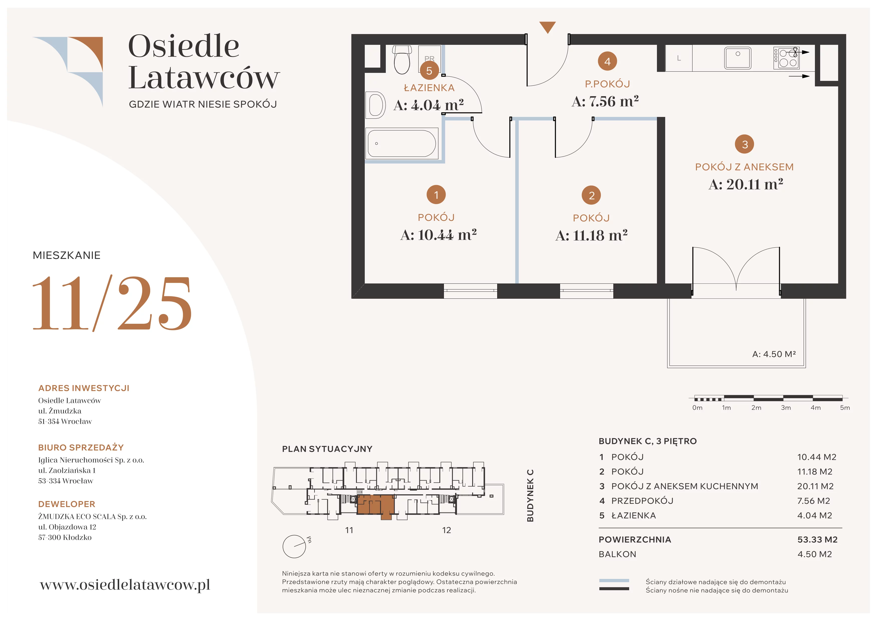 3 pokoje, mieszkanie 53,33 m², piętro 3, oferta nr C11-25, Osiedle Latawców, Wrocław, Psie Pole-Zawidawie, Psie Pole, ul. Grodzieńska
