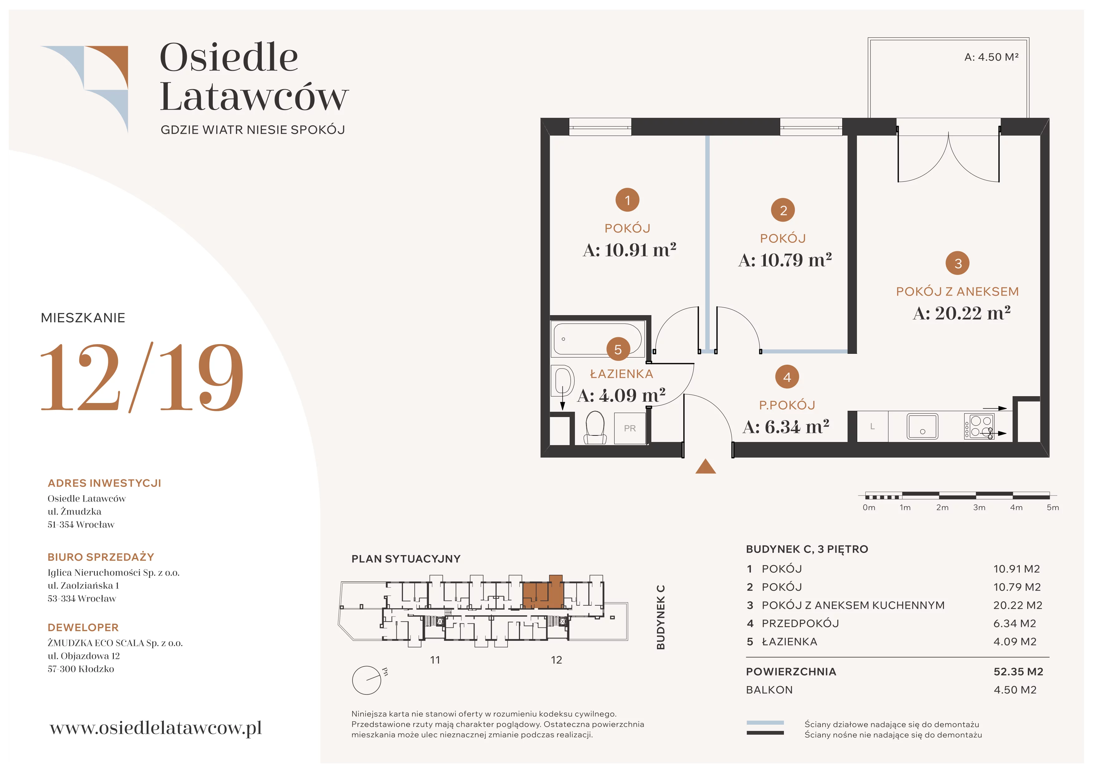 3 pokoje, mieszkanie 52,35 m², piętro 3, oferta nr C12-19, Osiedle Latawców, Wrocław, Psie Pole-Zawidawie, Psie Pole, ul. Grodzieńska