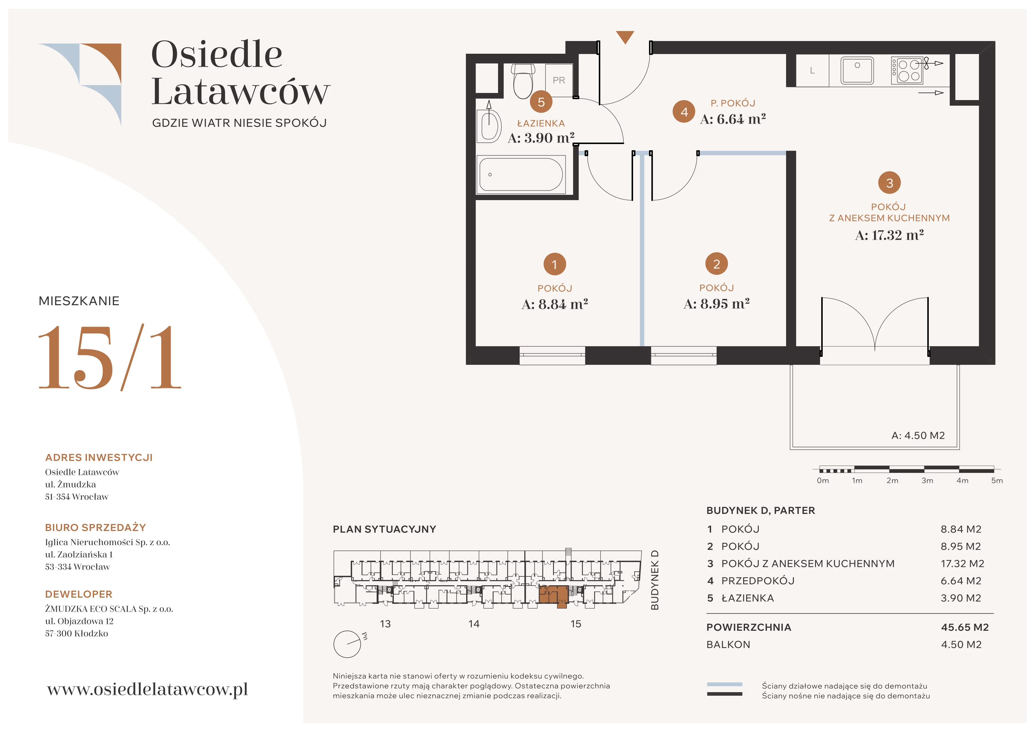 3 pokoje, mieszkanie 45,65 m², parter, oferta nr D15-1, Osiedle Latawców, Wrocław, Psie Pole-Zawidawie, Psie Pole, ul. Grodzieńska