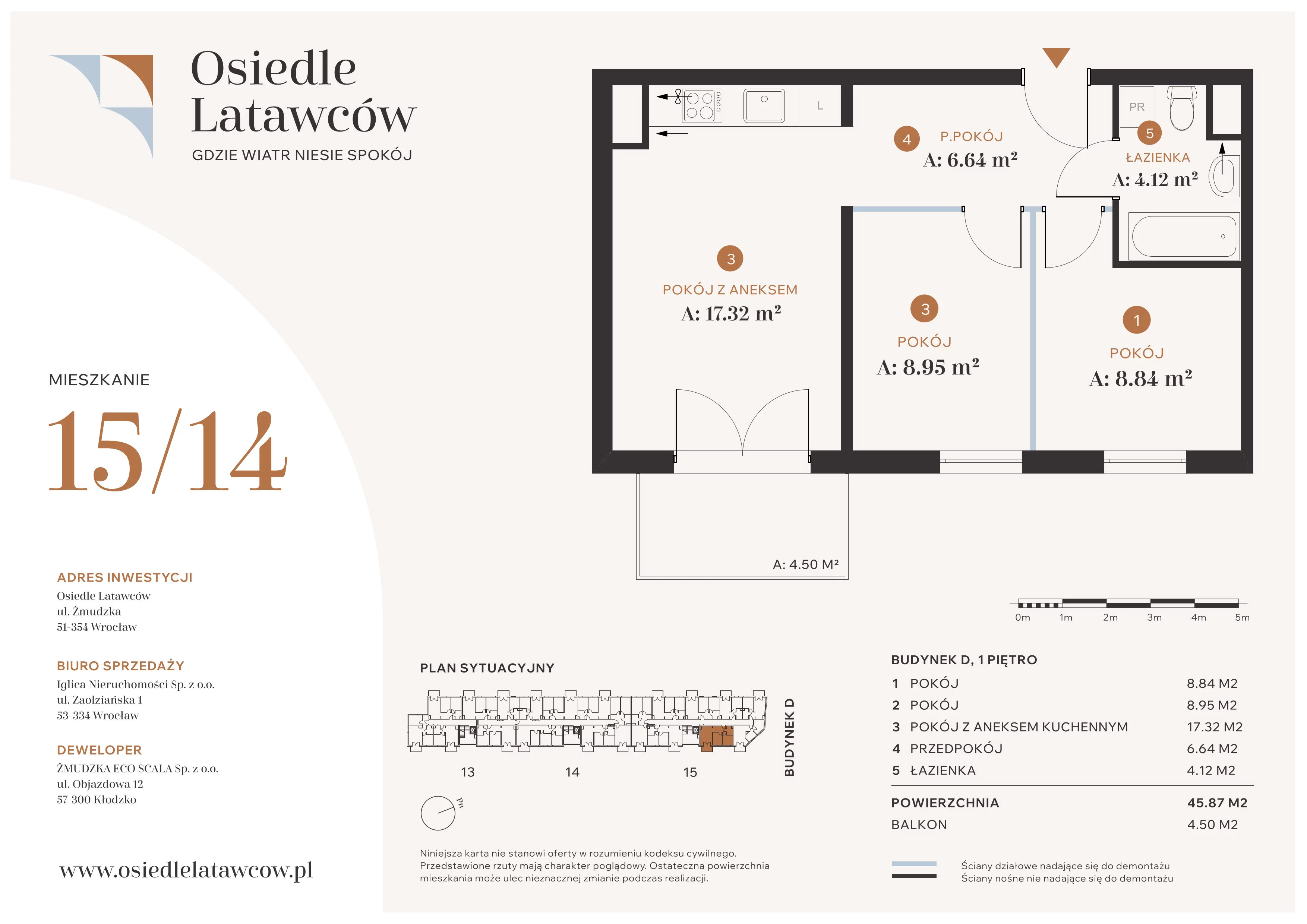 3 pokoje, mieszkanie 45,87 m², piętro 1, oferta nr D15-14, Osiedle Latawców, Wrocław, Psie Pole-Zawidawie, Psie Pole, ul. Grodzieńska