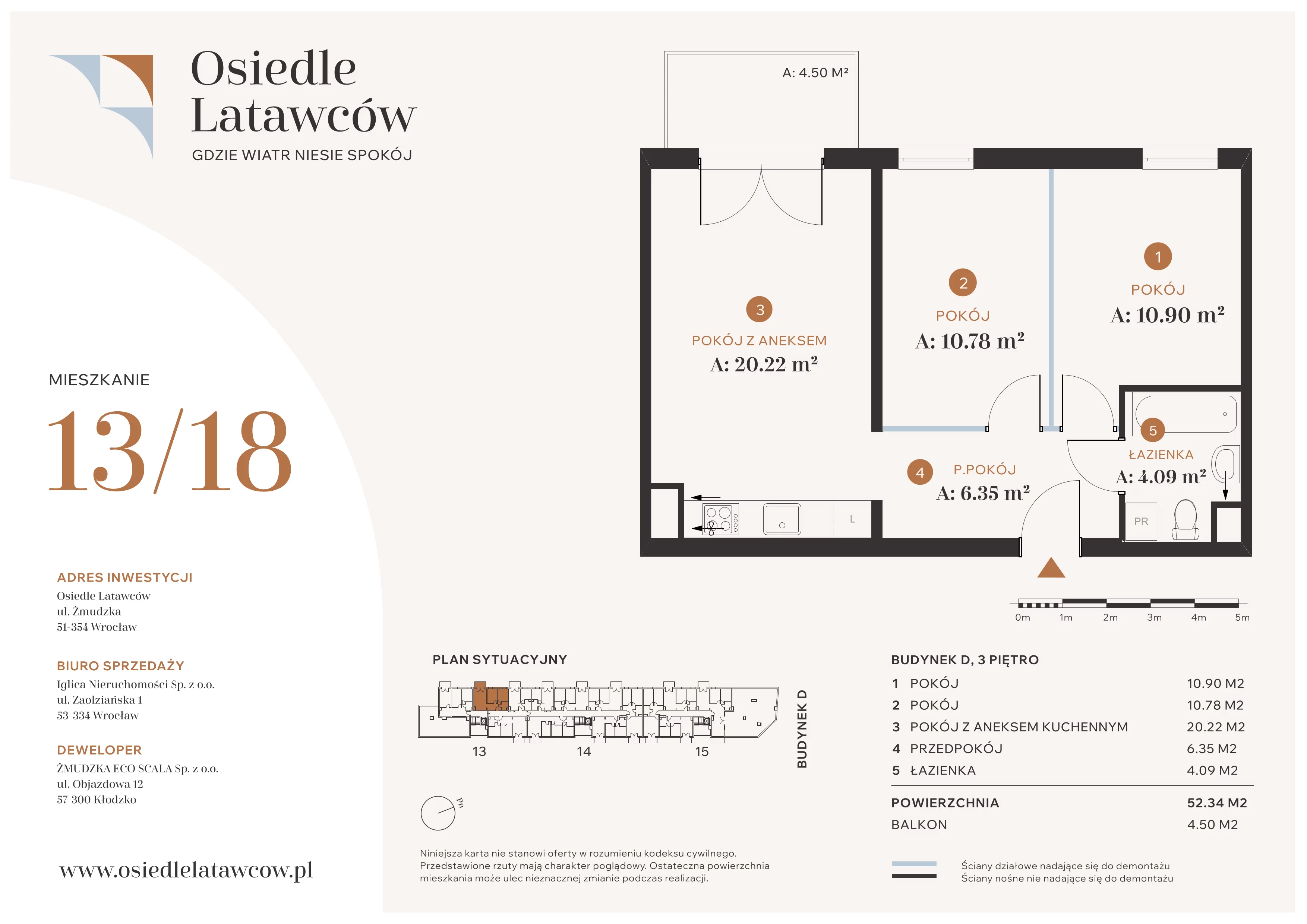 3 pokoje, mieszkanie 52,34 m², piętro 3, oferta nr D13-18, Osiedle Latawców, Wrocław, Psie Pole-Zawidawie, Psie Pole, ul. Grodzieńska