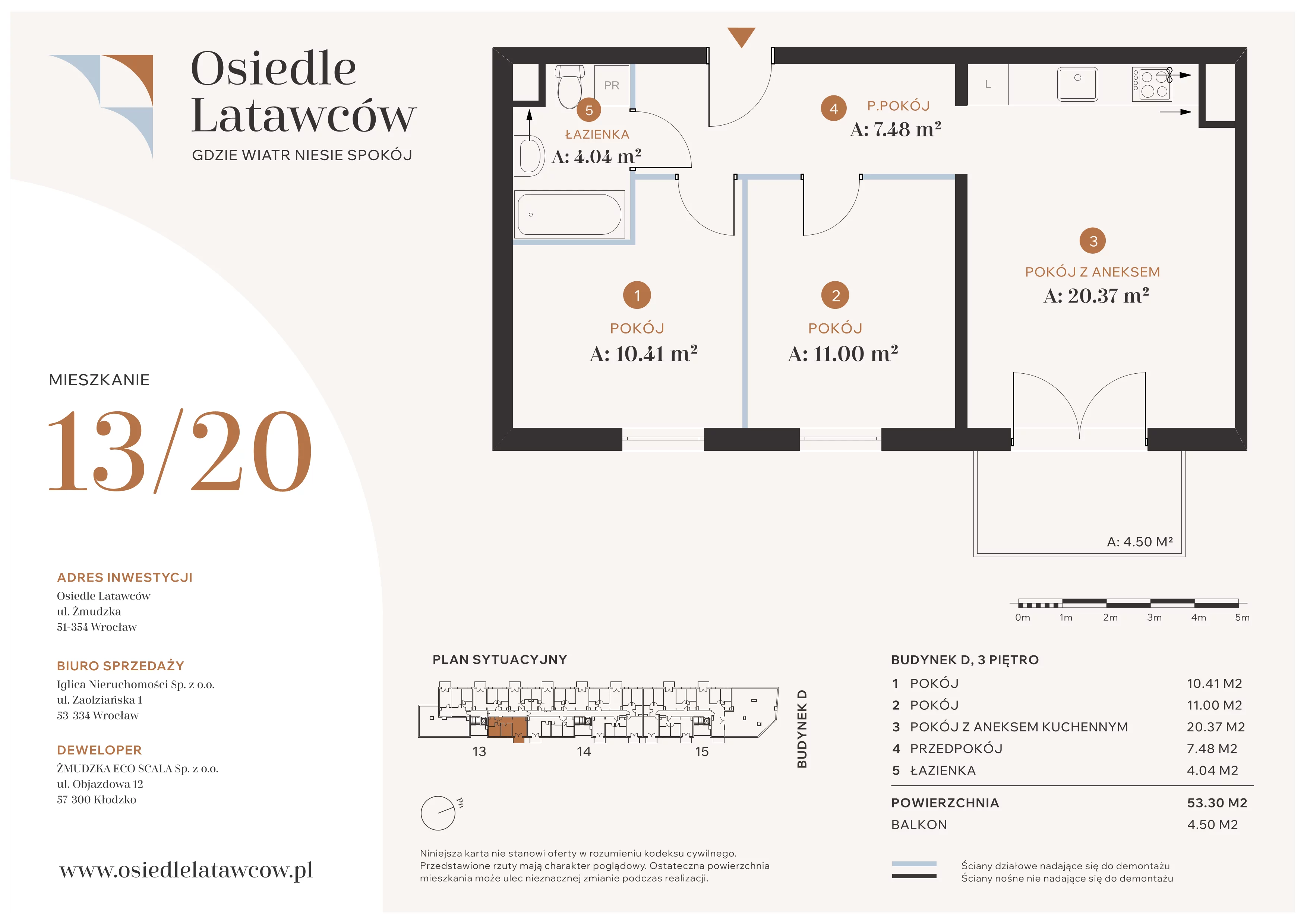 3 pokoje, mieszkanie 53,30 m², piętro 3, oferta nr D13-20, Osiedle Latawców, Wrocław, Psie Pole-Zawidawie, Psie Pole, ul. Grodzieńska