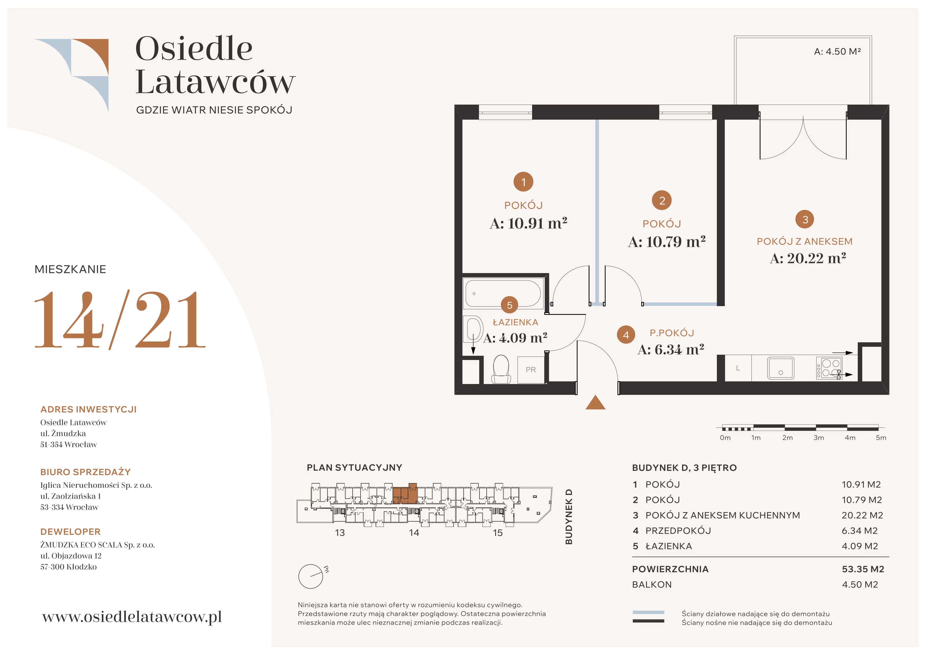 3 pokoje, mieszkanie 53,35 m², piętro 3, oferta nr D14-21, Osiedle Latawców, Wrocław, Psie Pole-Zawidawie, Psie Pole, ul. Grodzieńska