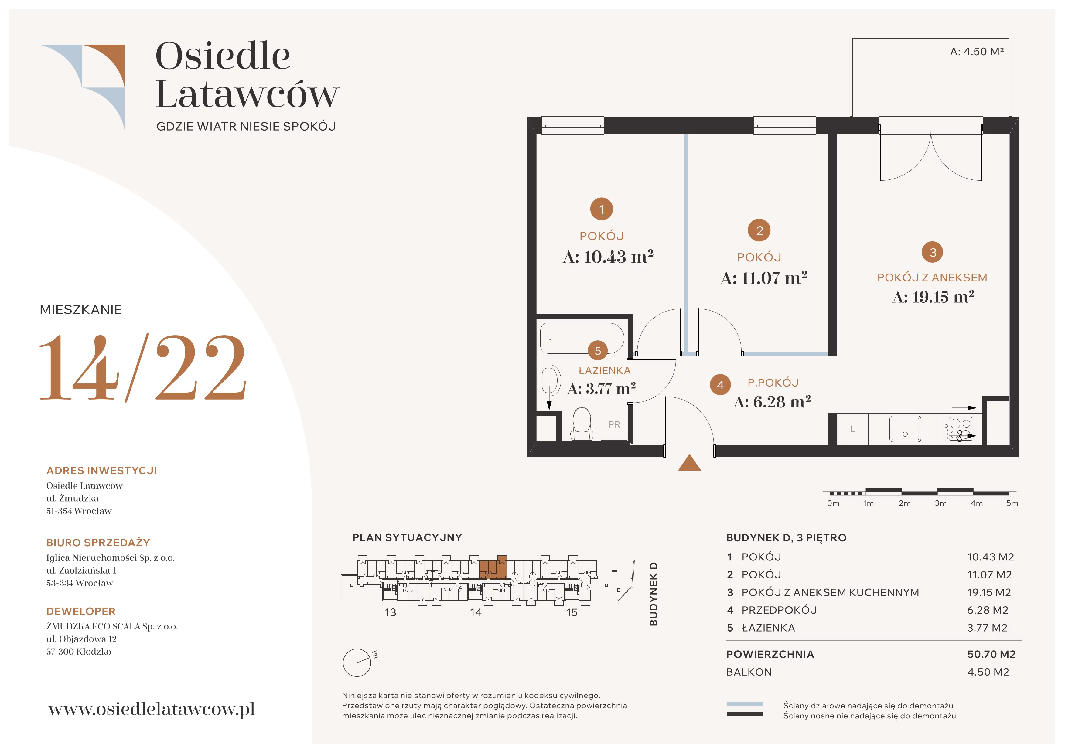 3 pokoje, mieszkanie 50,70 m², piętro 3, oferta nr D14-22, Osiedle Latawców, Wrocław, Psie Pole-Zawidawie, Psie Pole, ul. Grodzieńska