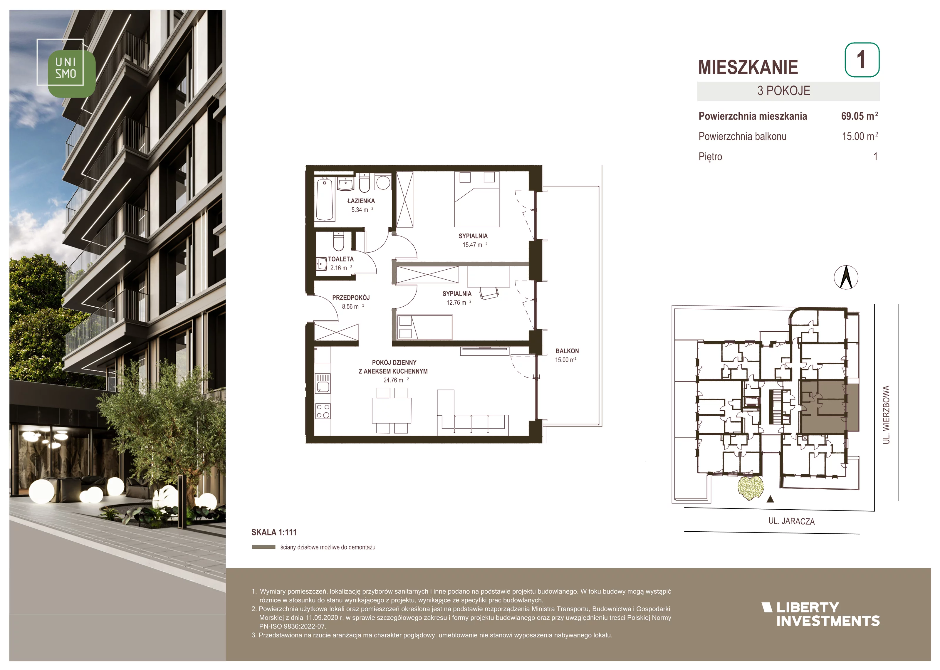 3 pokoje, apartament 69,05 m², piętro 1, oferta nr 1, Unismo, Łódź, Śródmieście, ul. Wierzbowa/Jaracza