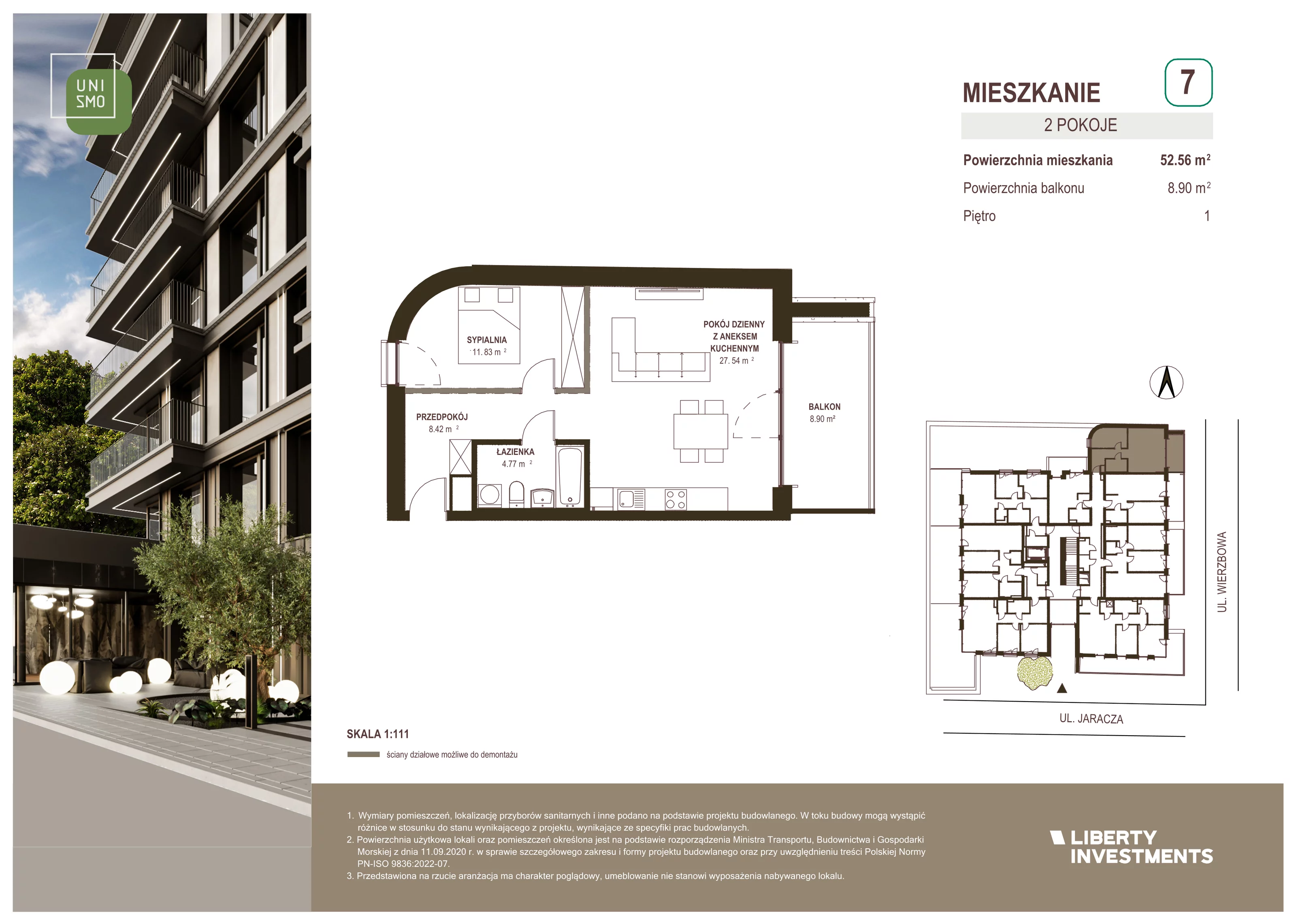 2 pokoje, apartament 52,56 m², piętro 1, oferta nr 7, Unismo, Łódź, Śródmieście, ul. Wierzbowa/Jaracza