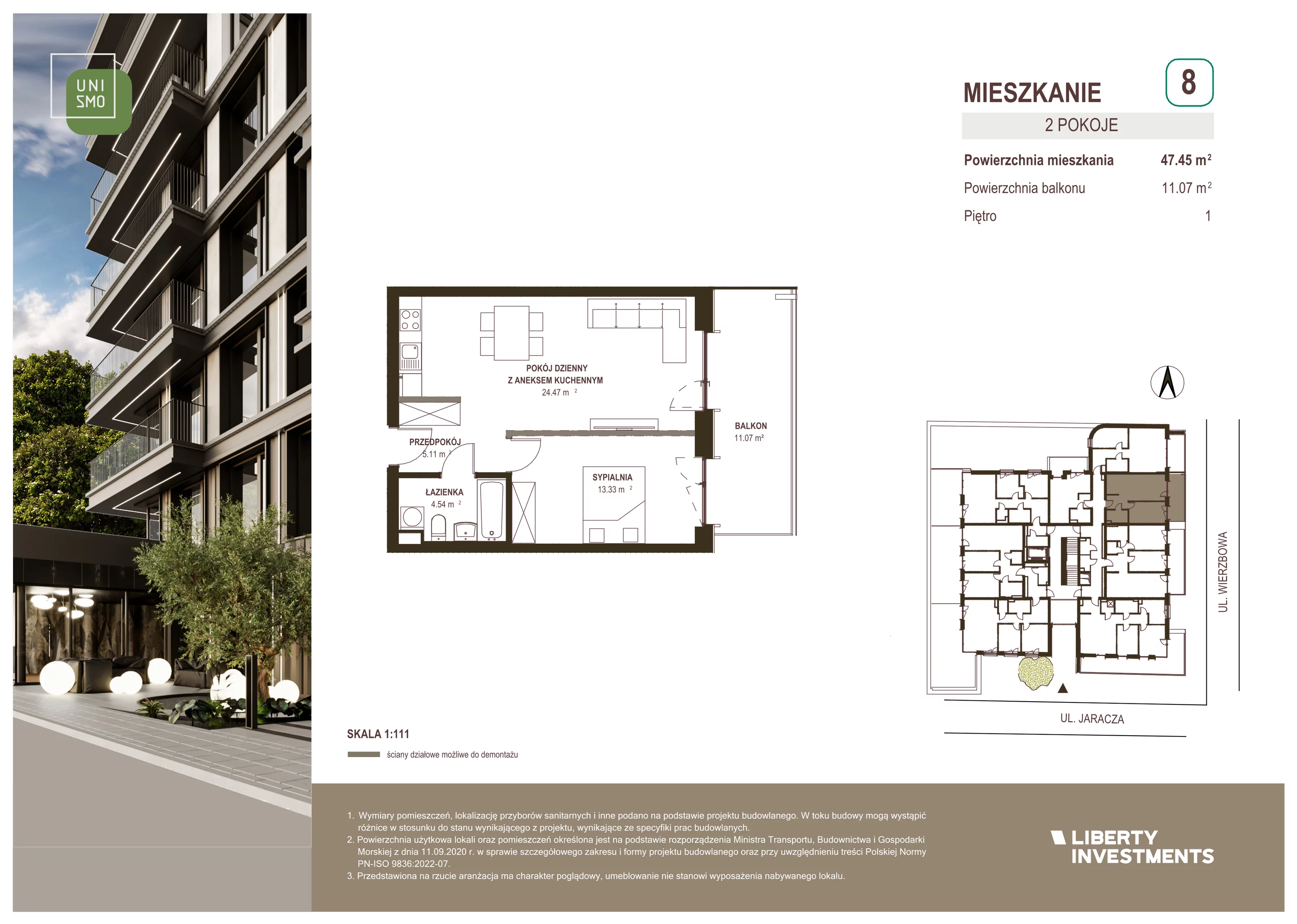 2 pokoje, apartament 47,45 m², piętro 1, oferta nr 8, Unismo, Łódź, Śródmieście, ul. Wierzbowa/Jaracza