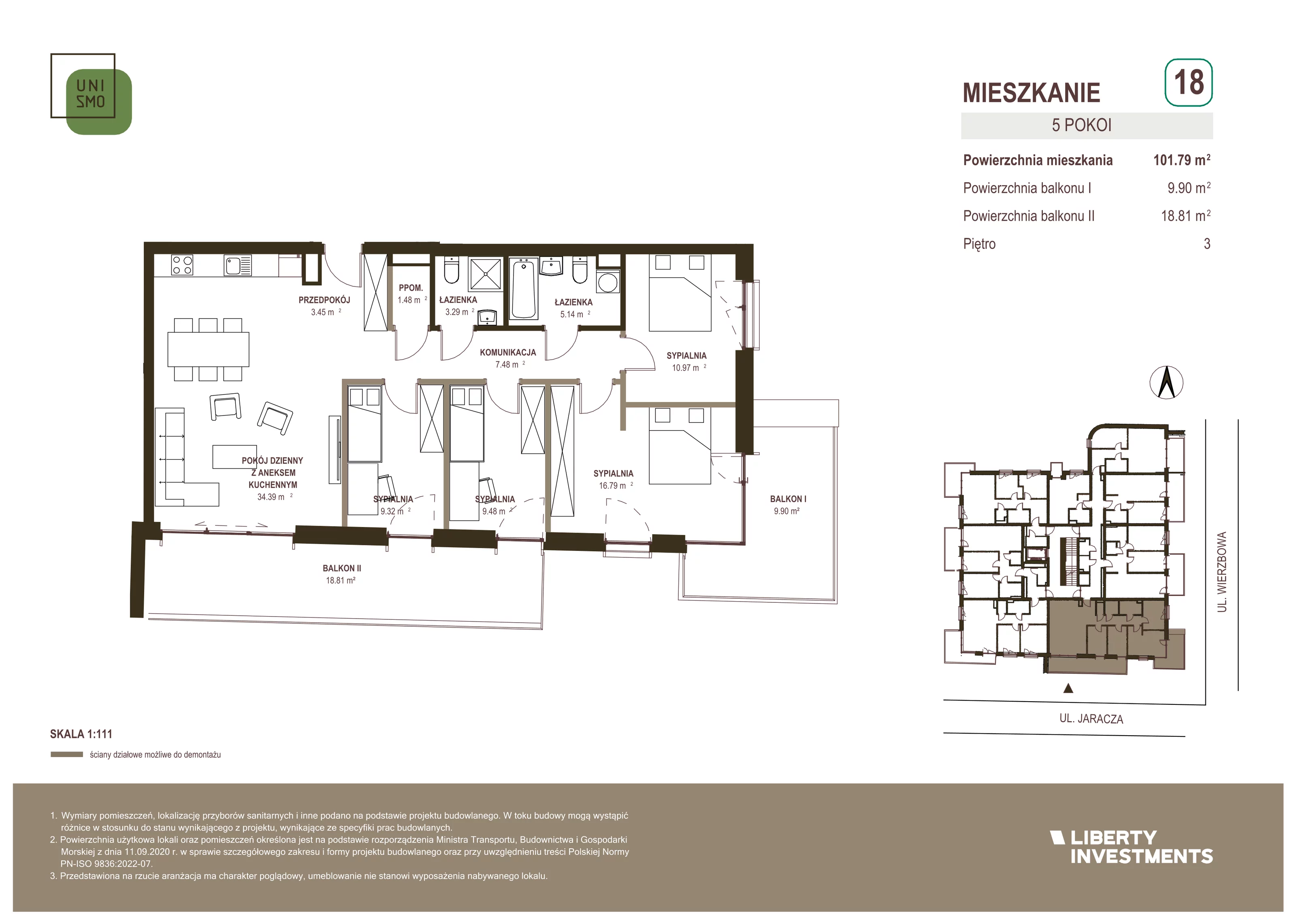 5 pokoi, apartament 101,79 m², piętro 3, oferta nr 18, Unismo, Łódź, Śródmieście, ul. Wierzbowa/Jaracza