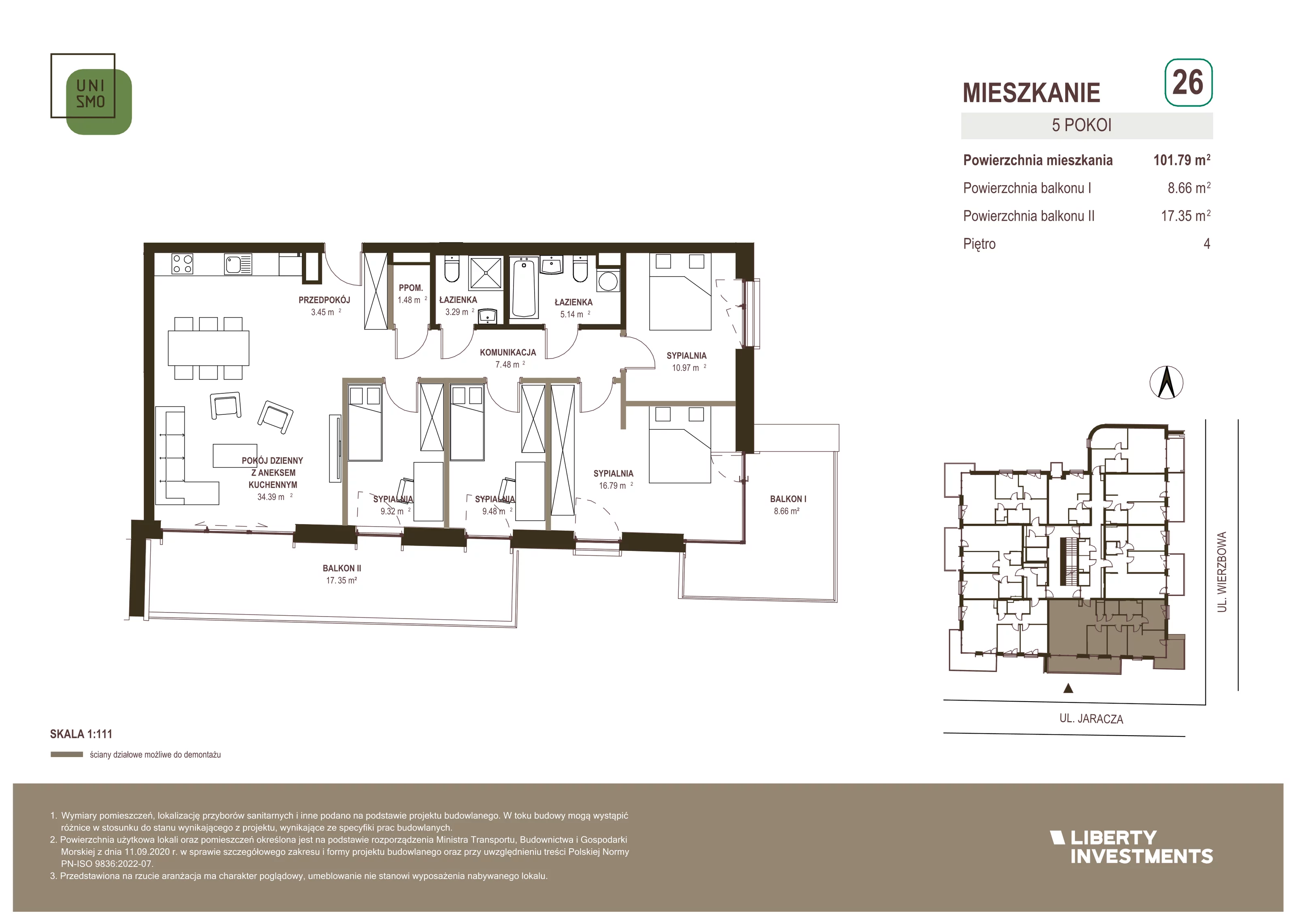 5 pokoi, apartament 101,79 m², piętro 4, oferta nr 26, Unismo, Łódź, Śródmieście, ul. Wierzbowa/Jaracza