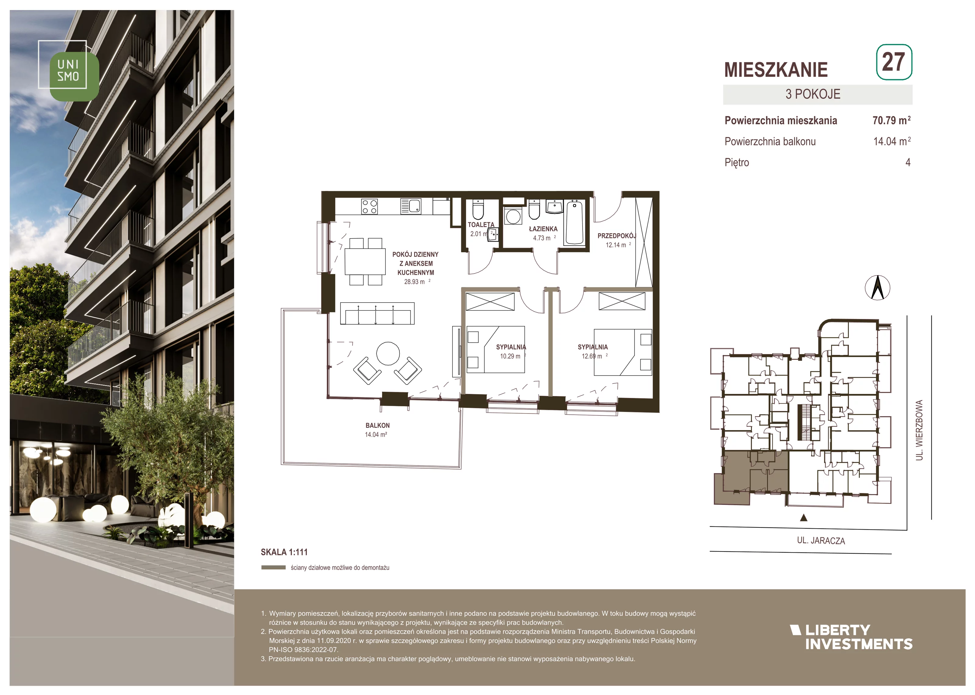 3 pokoje, apartament 70,79 m², piętro 4, oferta nr 27, Unismo, Łódź, Śródmieście, ul. Wierzbowa/Jaracza