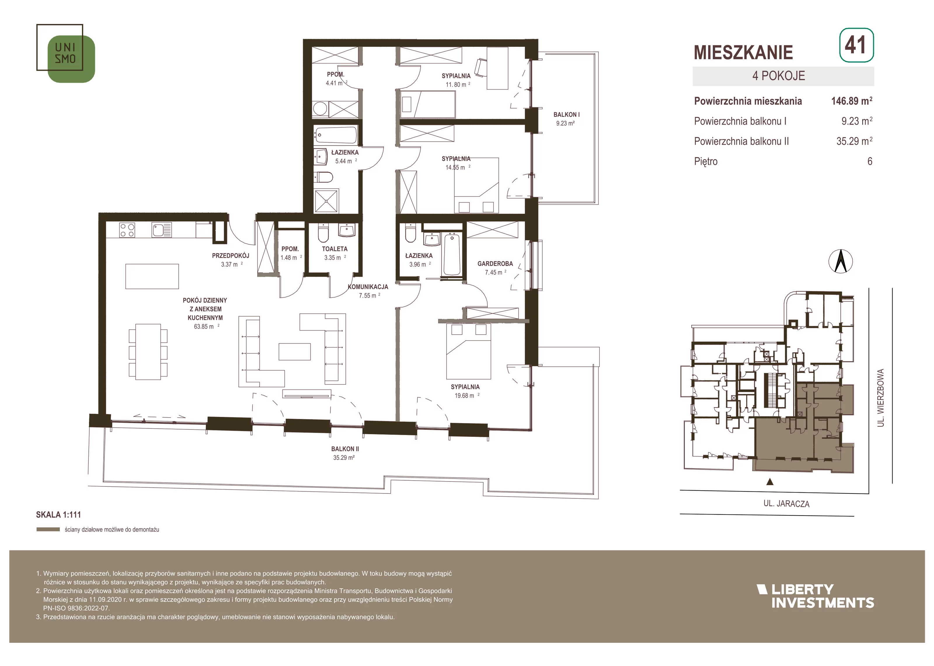 4 pokoje, apartament 146,89 m², piętro 6, oferta nr 41, Unismo, Łódź, Śródmieście, ul. Wierzbowa/Jaracza