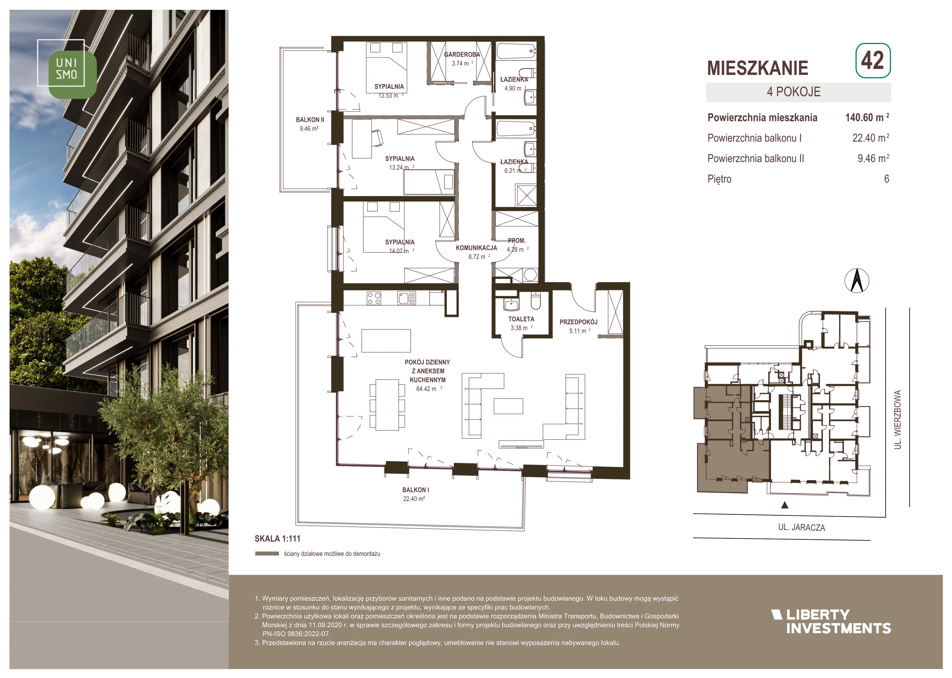 4 pokoje, apartament 140,60 m², piętro 6, oferta nr 42, Unismo, Łódź, Śródmieście, ul. Wierzbowa/Jaracza