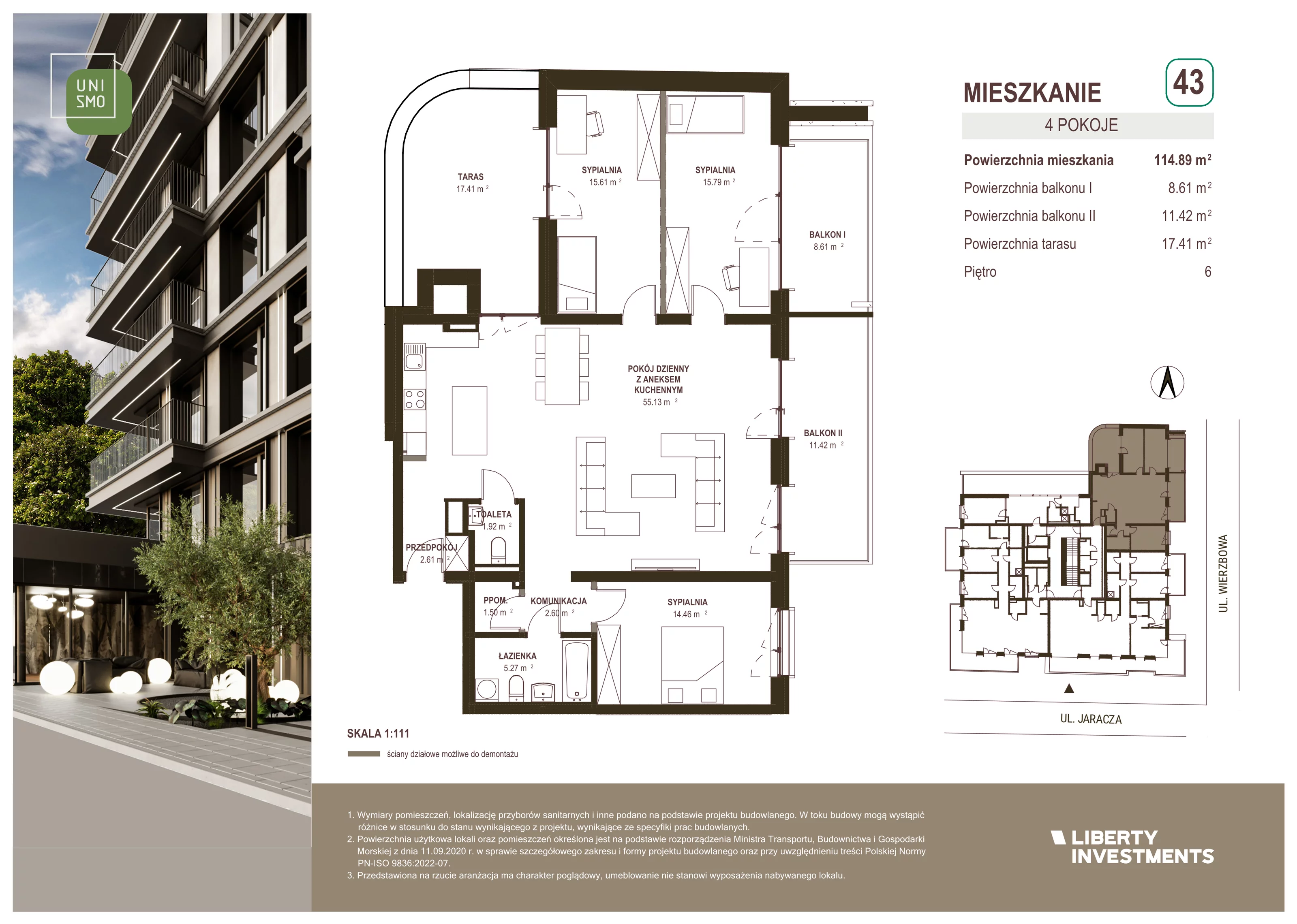 4 pokoje, apartament 114,89 m², piętro 6, oferta nr 43, Unismo, Łódź, Śródmieście, ul. Wierzbowa/Jaracza