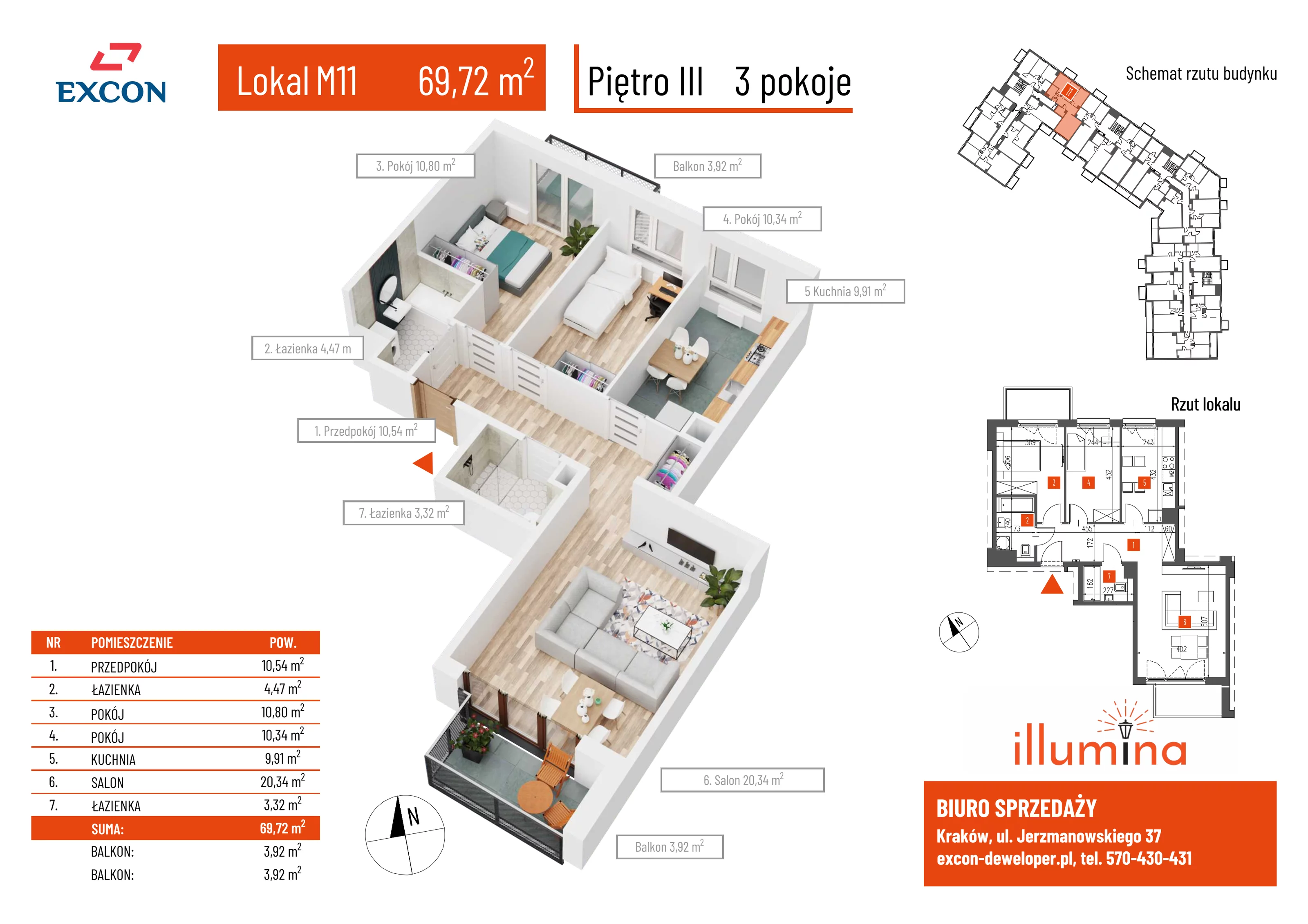 3 pokoje, mieszkanie 69,72 m², piętro 3, oferta nr 11, Illumina, Kraków, Bieżanów-Prokocim, ul. Jerzmanowskiego 37