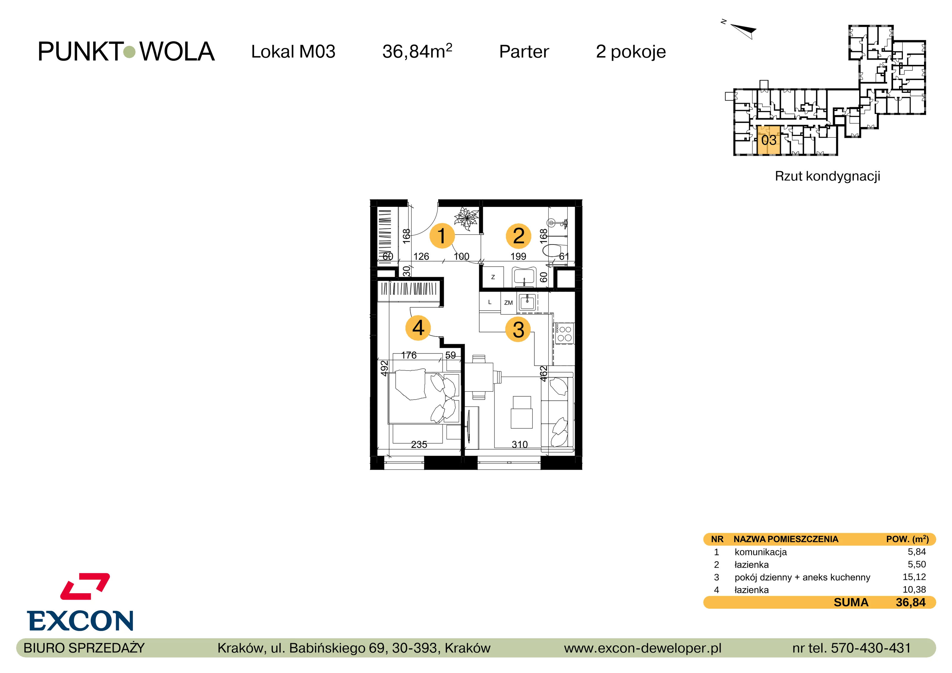 2 pokoje, mieszkanie 36,84 m², parter, oferta nr M03, Punkt Wola, Kraków, Podgórze Duchackie, Wola Duchacka, ul. Trybuny Ludów 15