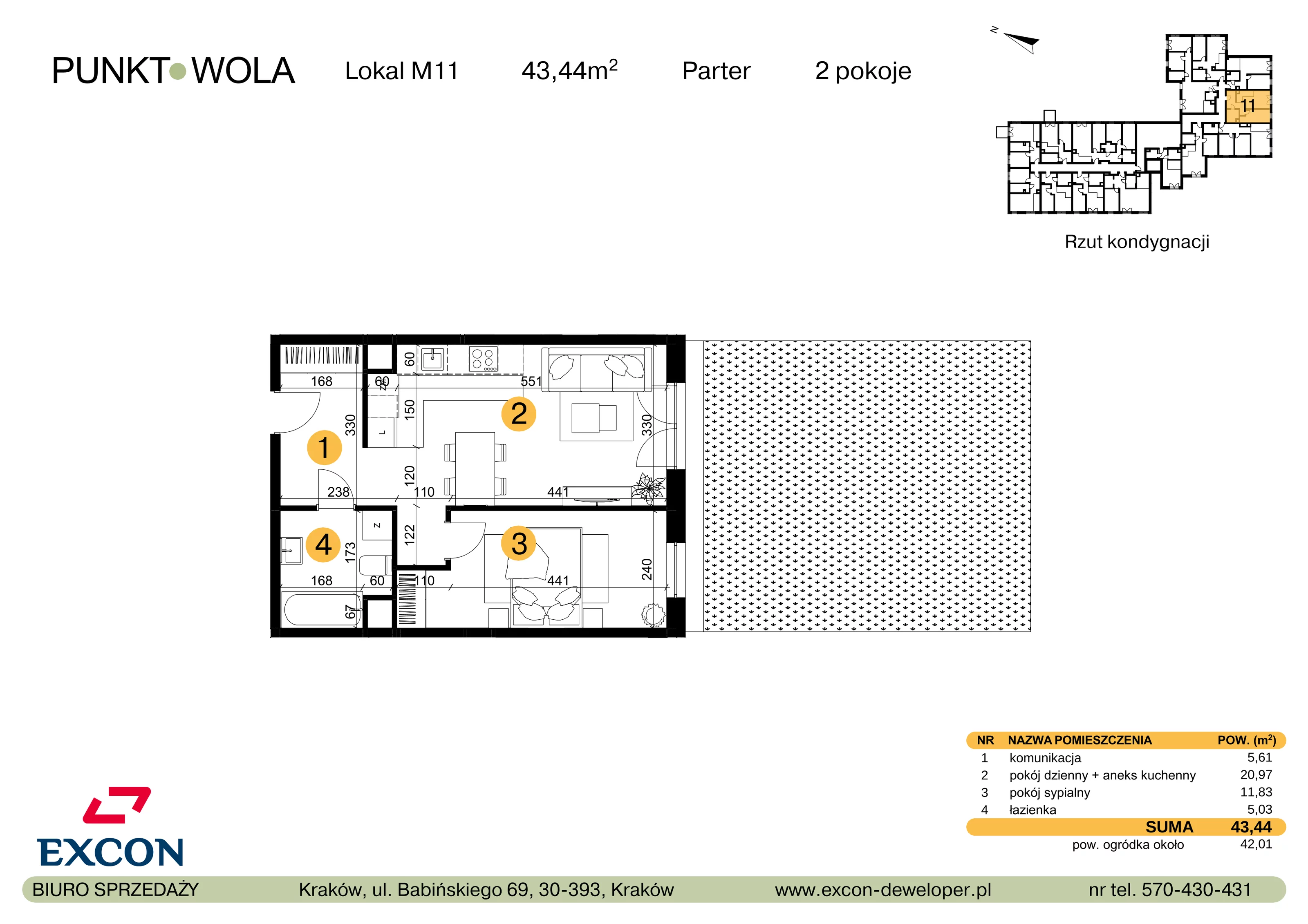 2 pokoje, mieszkanie 43,44 m², parter, oferta nr M11, Punkt Wola, Kraków, Podgórze Duchackie, Wola Duchacka, ul. Trybuny Ludów 15