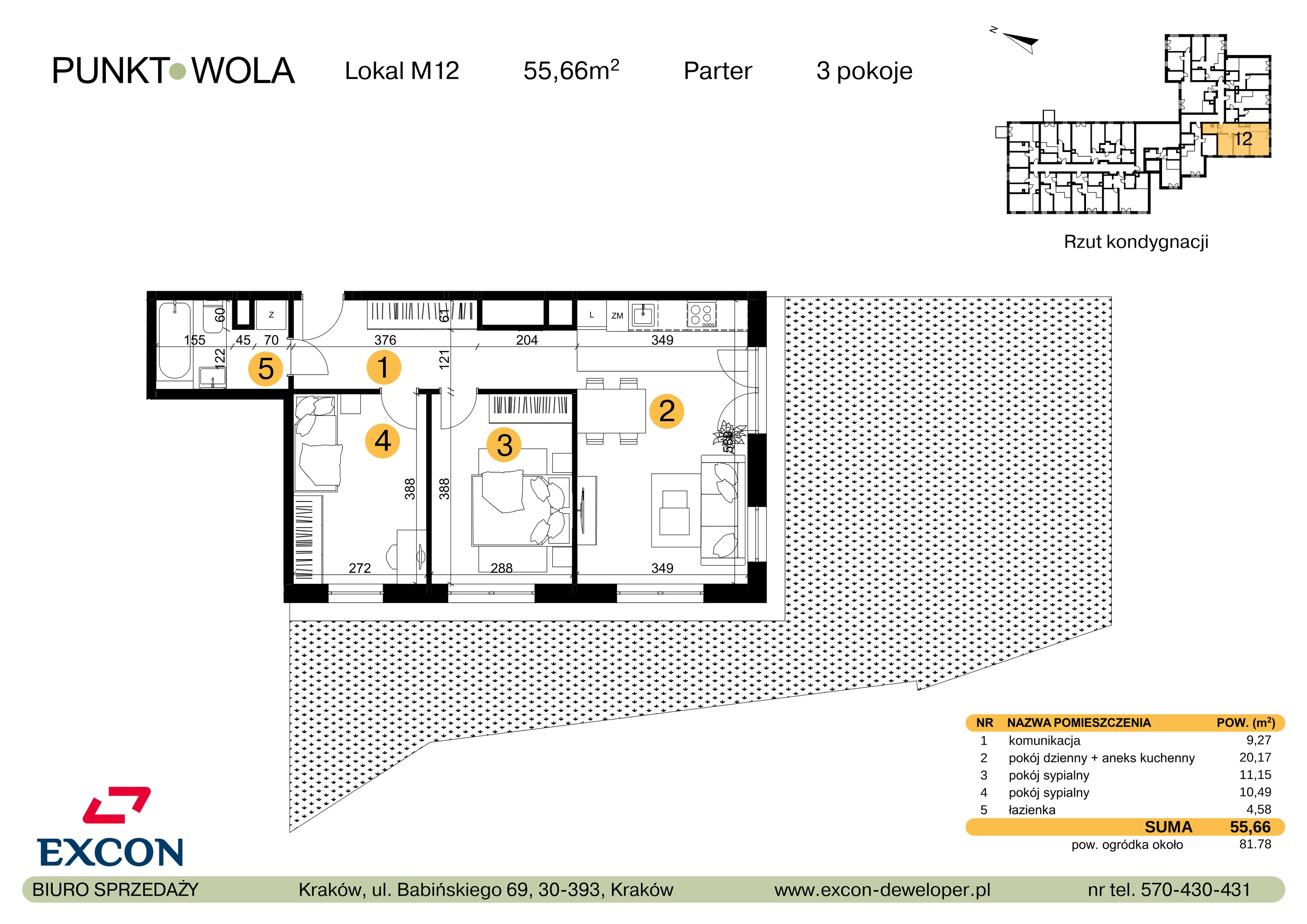 3 pokoje, mieszkanie 55,66 m², parter, oferta nr M12, Punkt Wola, Kraków, Podgórze Duchackie, Wola Duchacka, ul. Trybuny Ludów 15