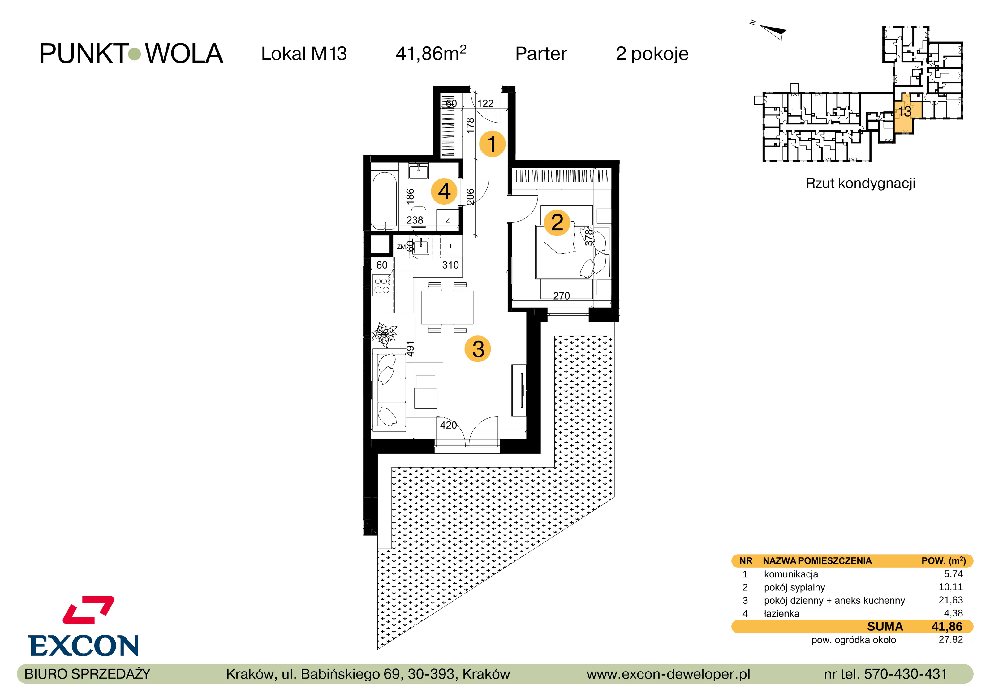 2 pokoje, mieszkanie 41,86 m², parter, oferta nr M13, Punkt Wola, Kraków, Podgórze Duchackie, Wola Duchacka, ul. Trybuny Ludów 15