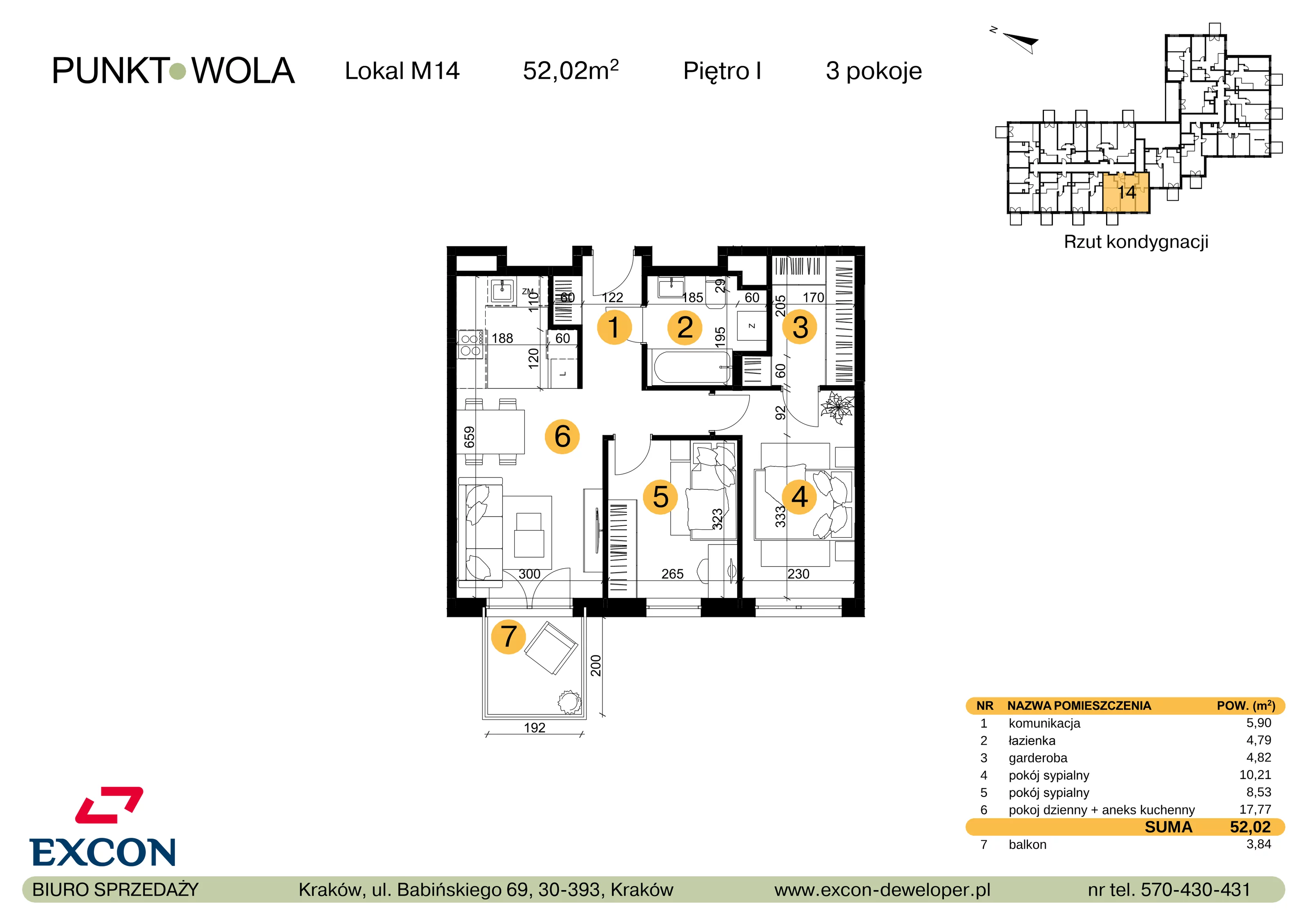 3 pokoje, mieszkanie 52,02 m², piętro 1, oferta nr M14, Punkt Wola, Kraków, Podgórze Duchackie, Wola Duchacka, ul. Trybuny Ludów 15