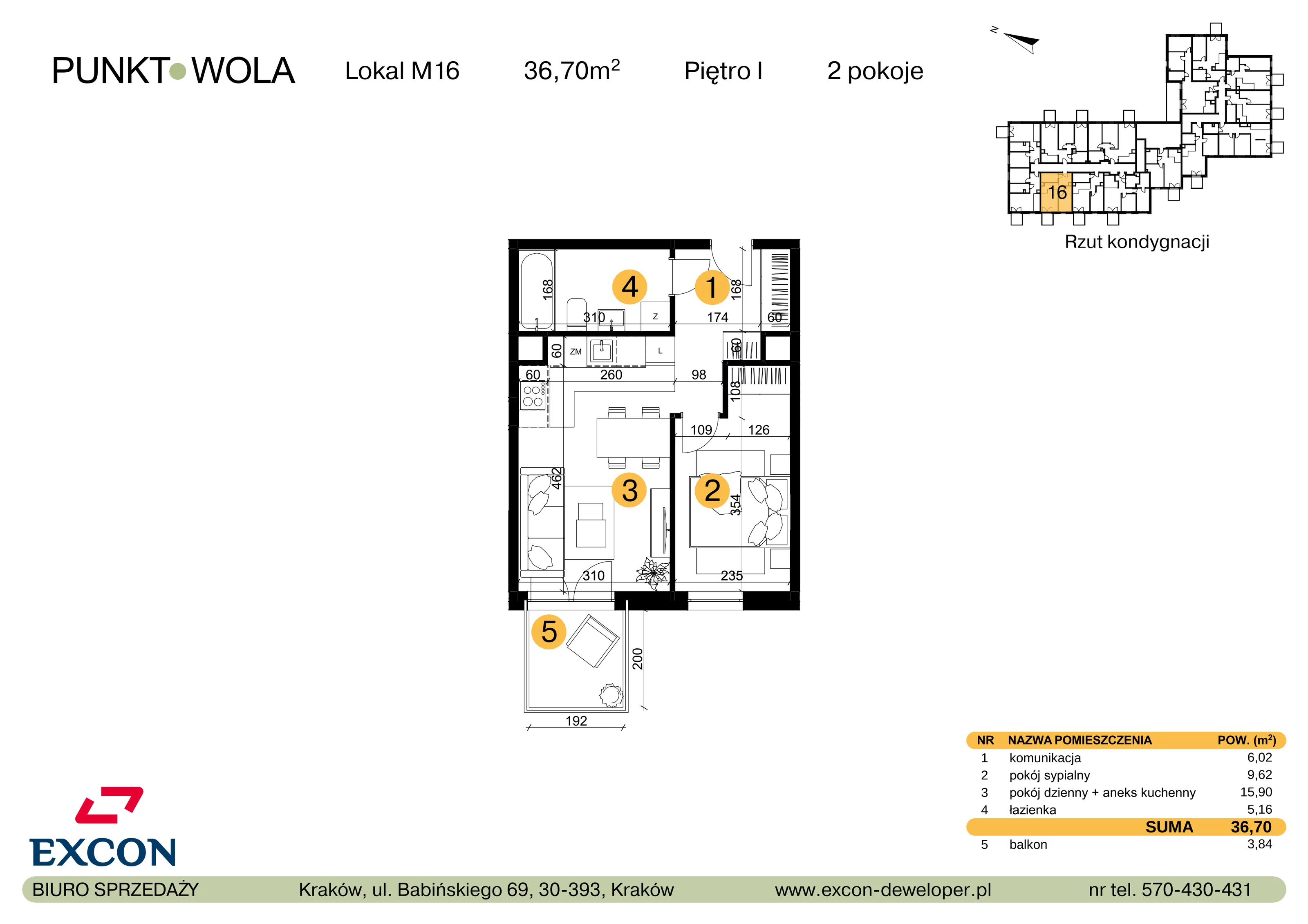 2 pokoje, mieszkanie 36,70 m², piętro 1, oferta nr M16, Punkt Wola, Kraków, Podgórze Duchackie, Wola Duchacka, ul. Trybuny Ludów 15
