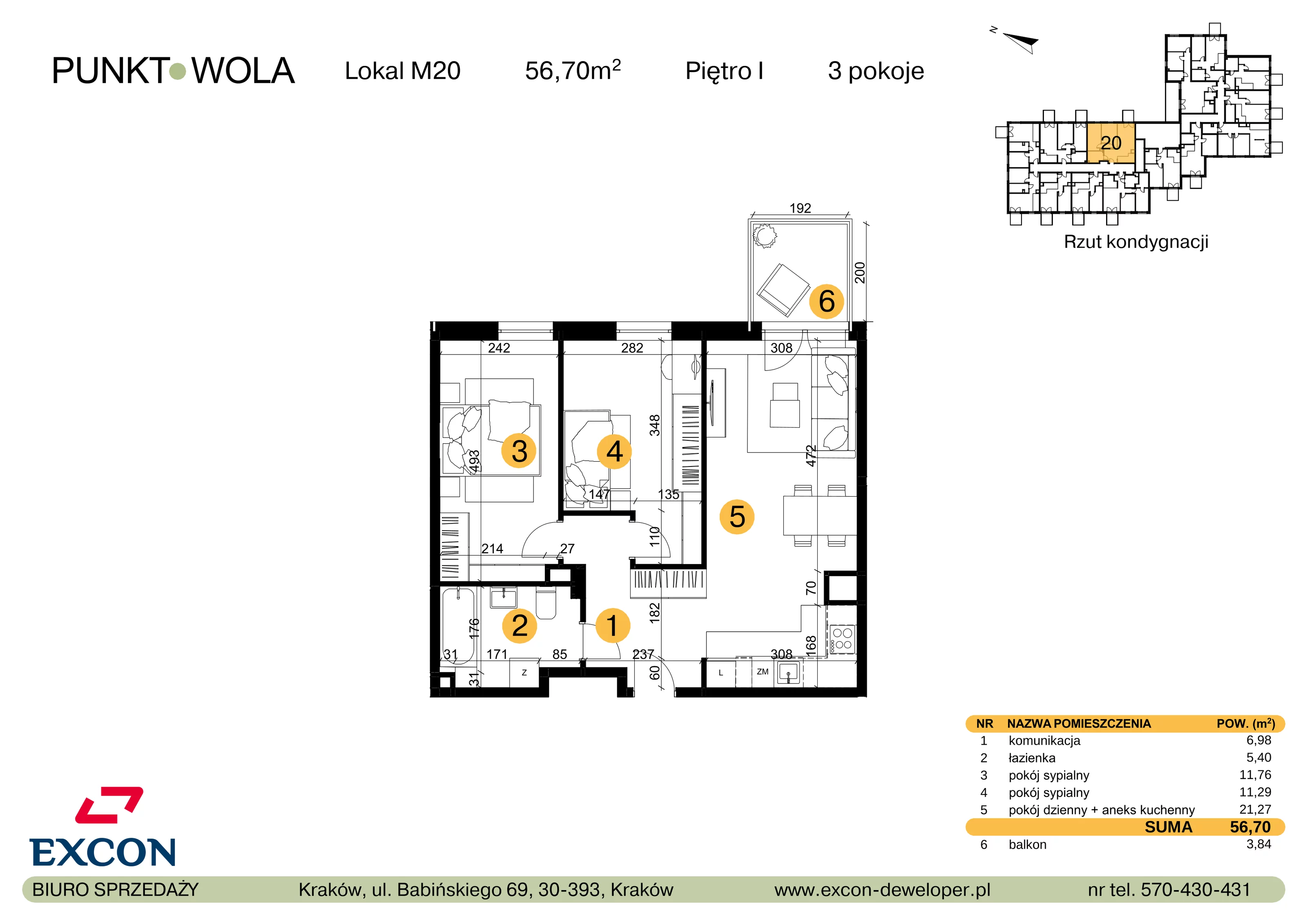 3 pokoje, mieszkanie 56,70 m², piętro 1, oferta nr M20, Punkt Wola, Kraków, Podgórze Duchackie, Wola Duchacka, ul. Trybuny Ludów 15