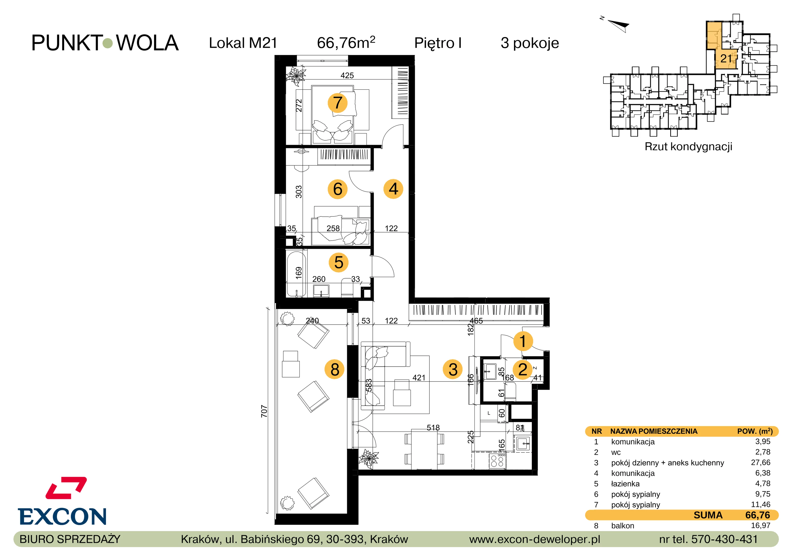 3 pokoje, mieszkanie 66,76 m², piętro 1, oferta nr M21, Punkt Wola, Kraków, Podgórze Duchackie, Wola Duchacka, ul. Trybuny Ludów 15