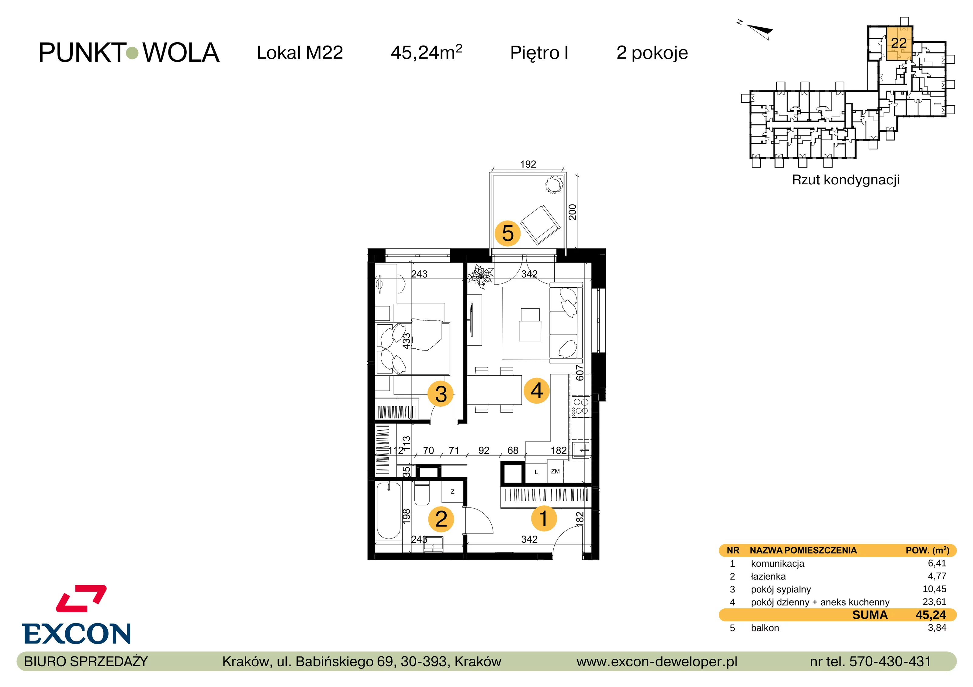 2 pokoje, mieszkanie 45,24 m², piętro 1, oferta nr M22, Punkt Wola, Kraków, Podgórze Duchackie, Wola Duchacka, ul. Trybuny Ludów 15