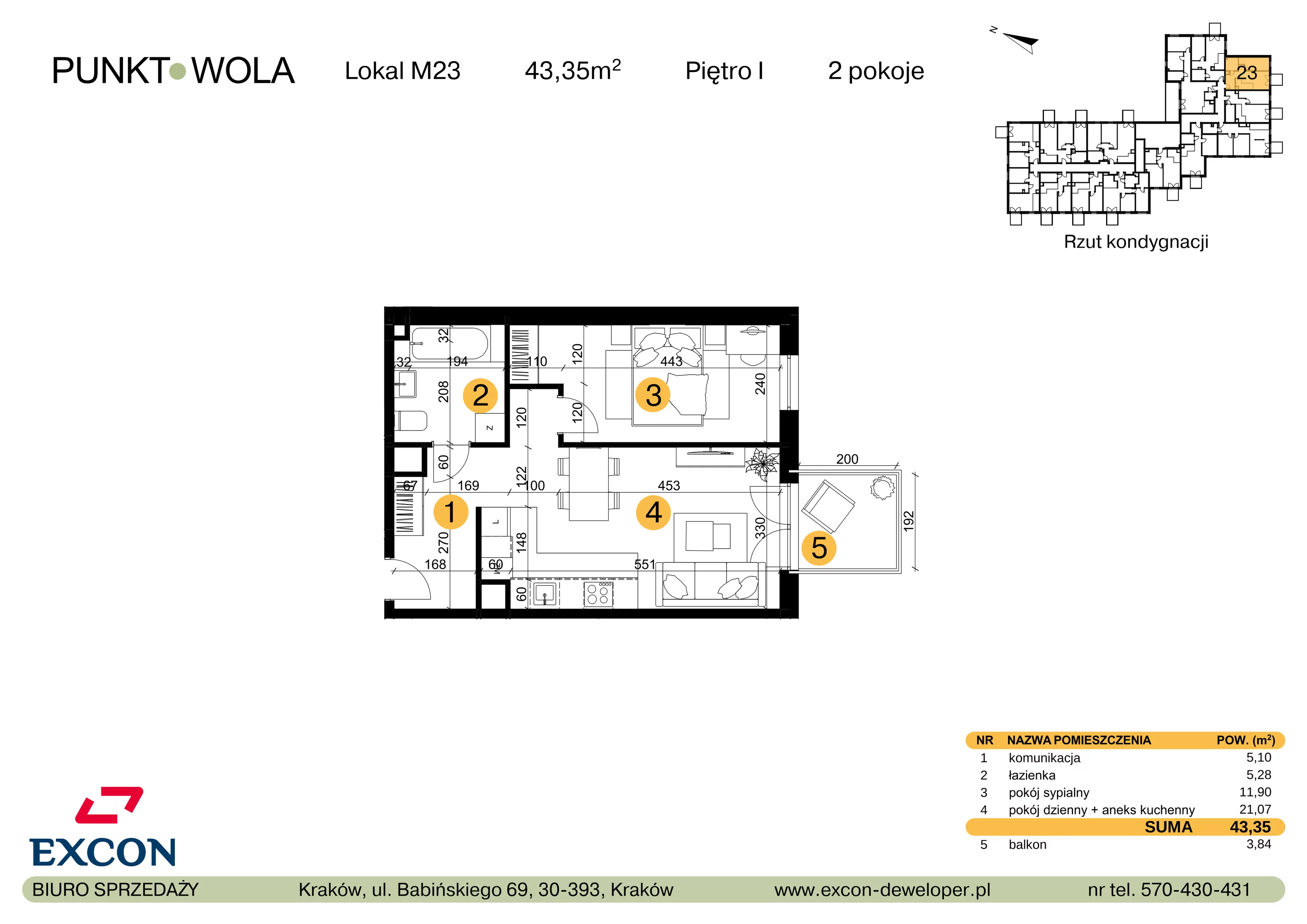 2 pokoje, mieszkanie 43,35 m², piętro 1, oferta nr M23, Punkt Wola, Kraków, Podgórze Duchackie, Wola Duchacka, ul. Trybuny Ludów 15