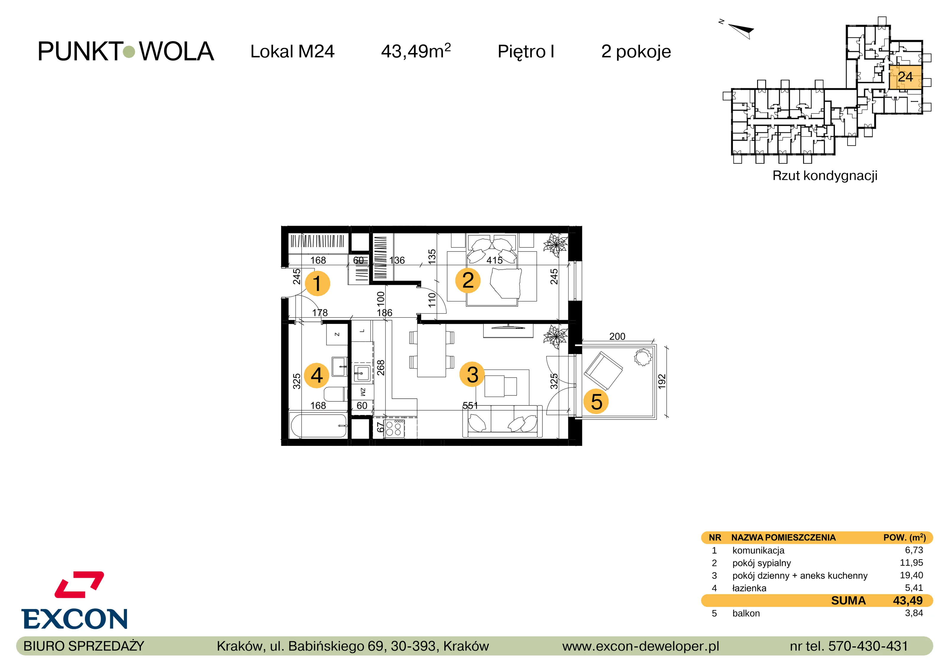 2 pokoje, mieszkanie 43,49 m², piętro 1, oferta nr M24, Punkt Wola, Kraków, Podgórze Duchackie, Wola Duchacka, ul. Trybuny Ludów 15