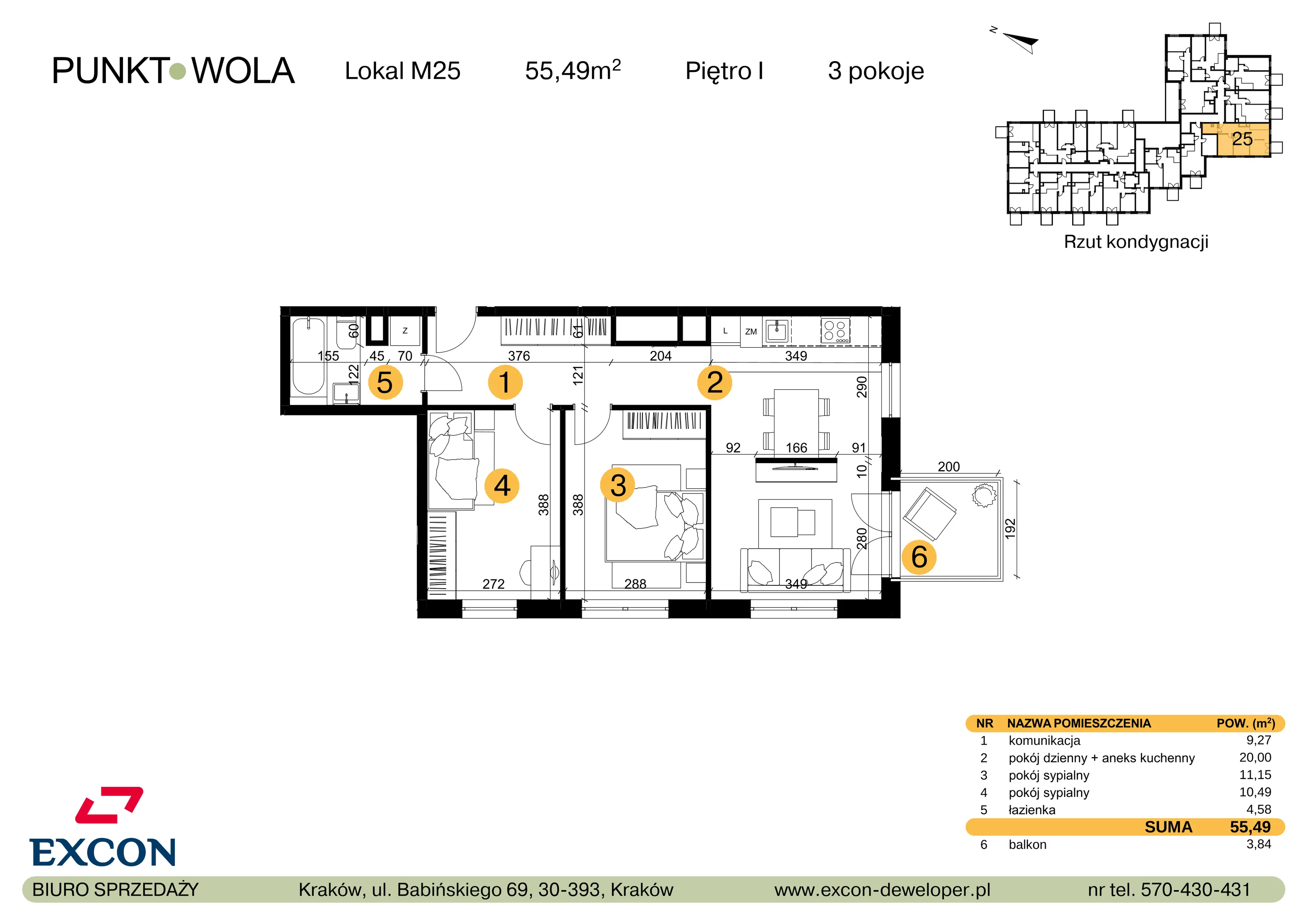 3 pokoje, mieszkanie 55,49 m², piętro 1, oferta nr M25, Punkt Wola, Kraków, Podgórze Duchackie, Wola Duchacka, ul. Trybuny Ludów 15