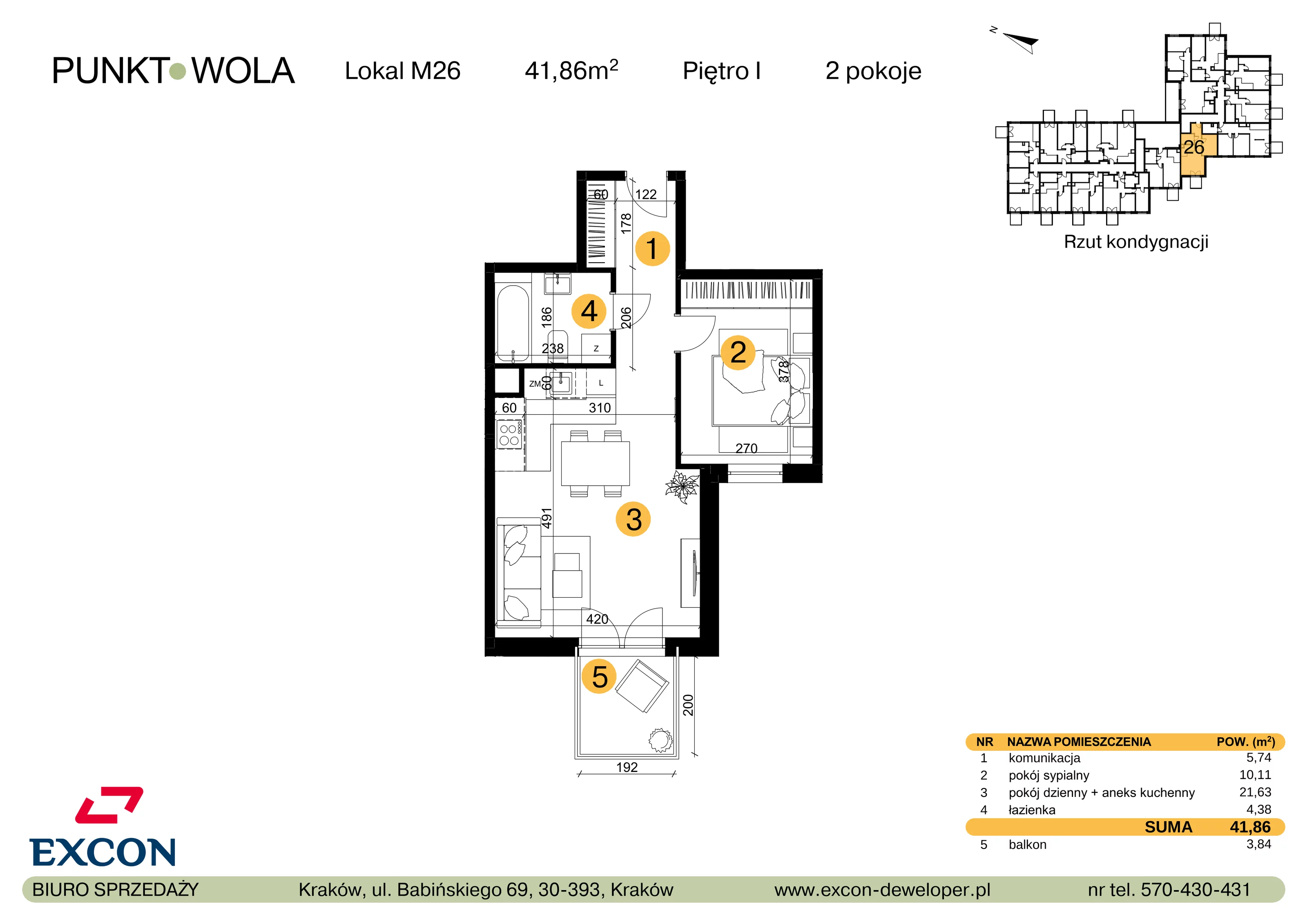 2 pokoje, mieszkanie 41,86 m², piętro 1, oferta nr M26, Punkt Wola, Kraków, Podgórze Duchackie, Wola Duchacka, ul. Trybuny Ludów 15