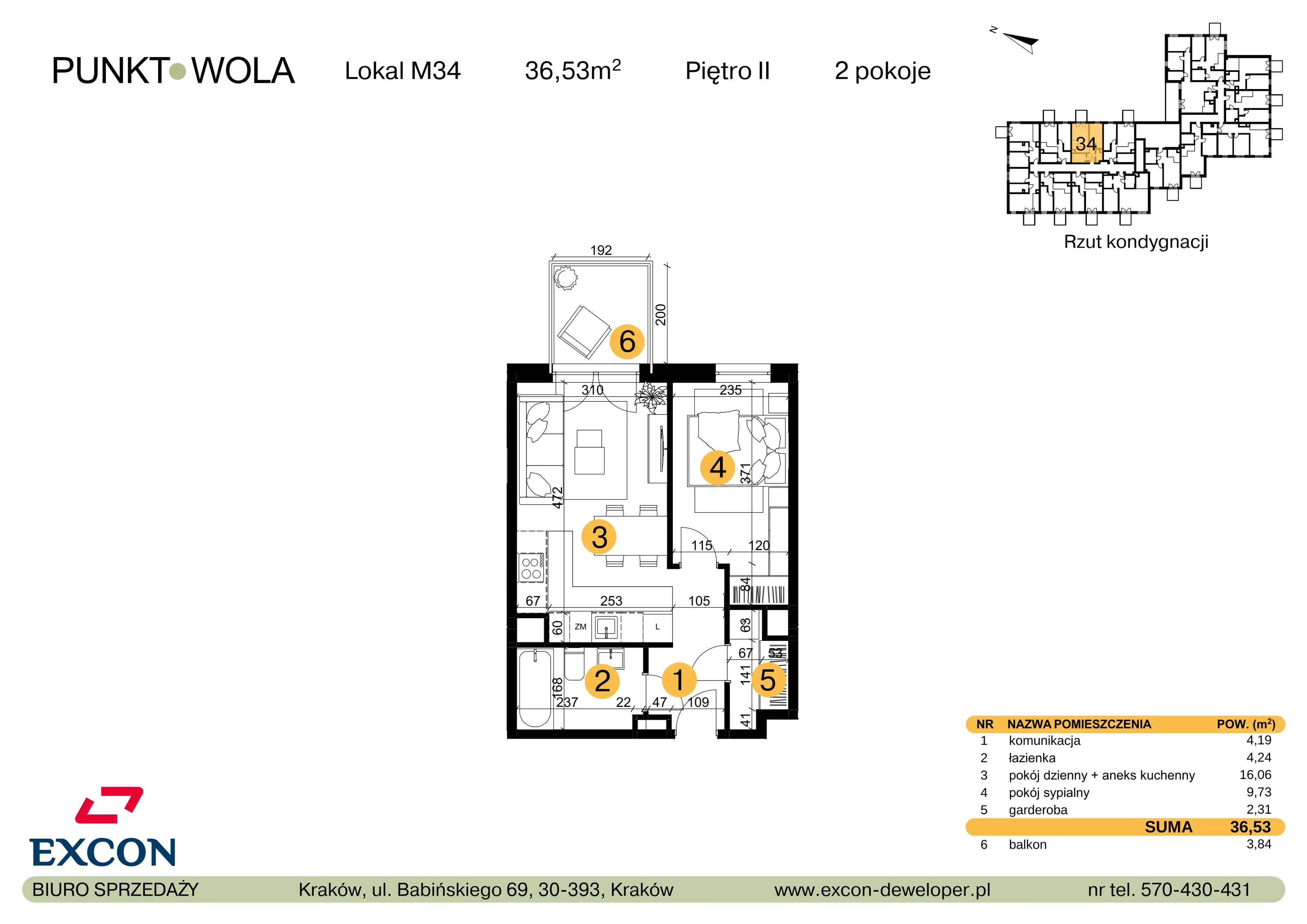 2 pokoje, mieszkanie 36,53 m², piętro 2, oferta nr M34, Punkt Wola, Kraków, Podgórze Duchackie, Wola Duchacka, ul. Trybuny Ludów 15