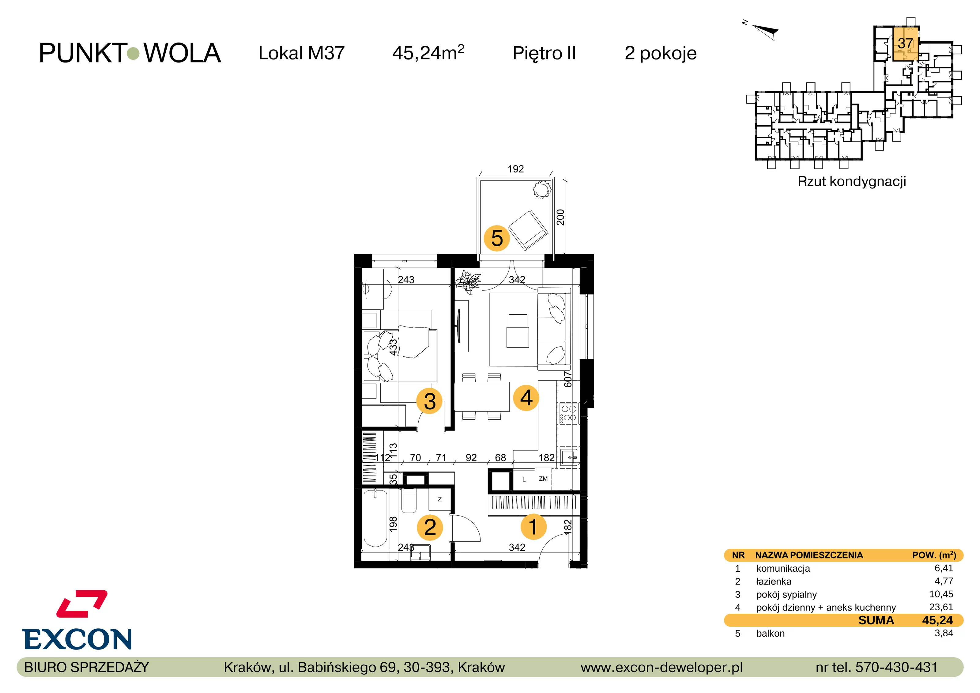 2 pokoje, mieszkanie 45,24 m², piętro 2, oferta nr M37, Punkt Wola, Kraków, Podgórze Duchackie, Wola Duchacka, ul. Trybuny Ludów 15