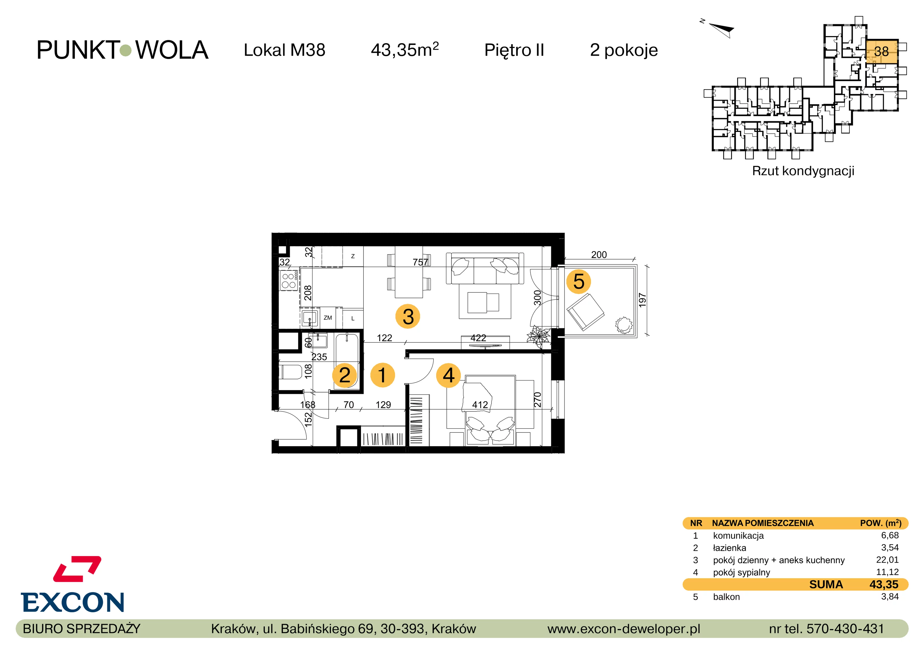 2 pokoje, mieszkanie 43,35 m², piętro 2, oferta nr M38, Punkt Wola, Kraków, Podgórze Duchackie, Wola Duchacka, ul. Trybuny Ludów 15