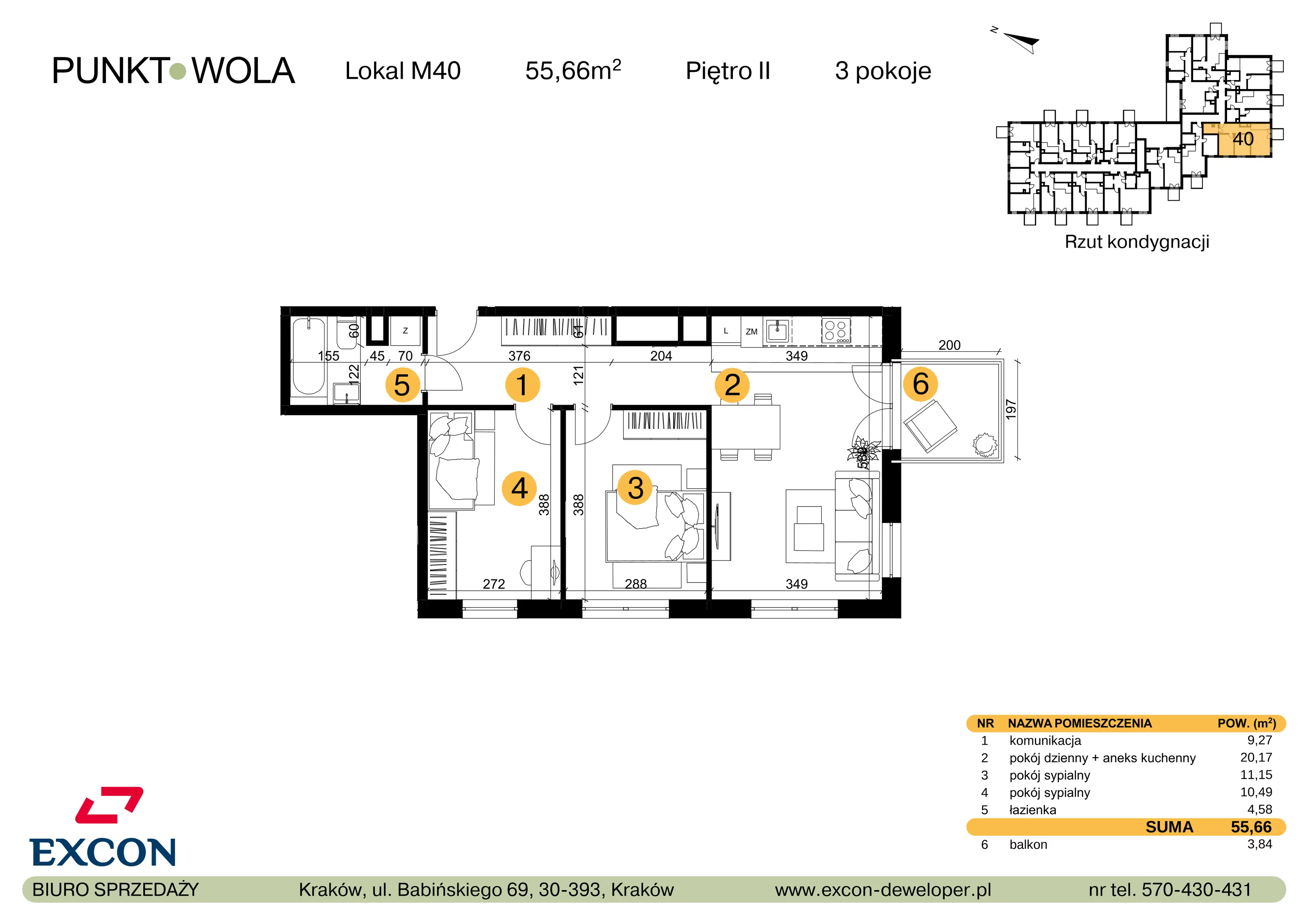 3 pokoje, mieszkanie 55,66 m², piętro 2, oferta nr M40, Punkt Wola, Kraków, Podgórze Duchackie, Wola Duchacka, ul. Trybuny Ludów 15
