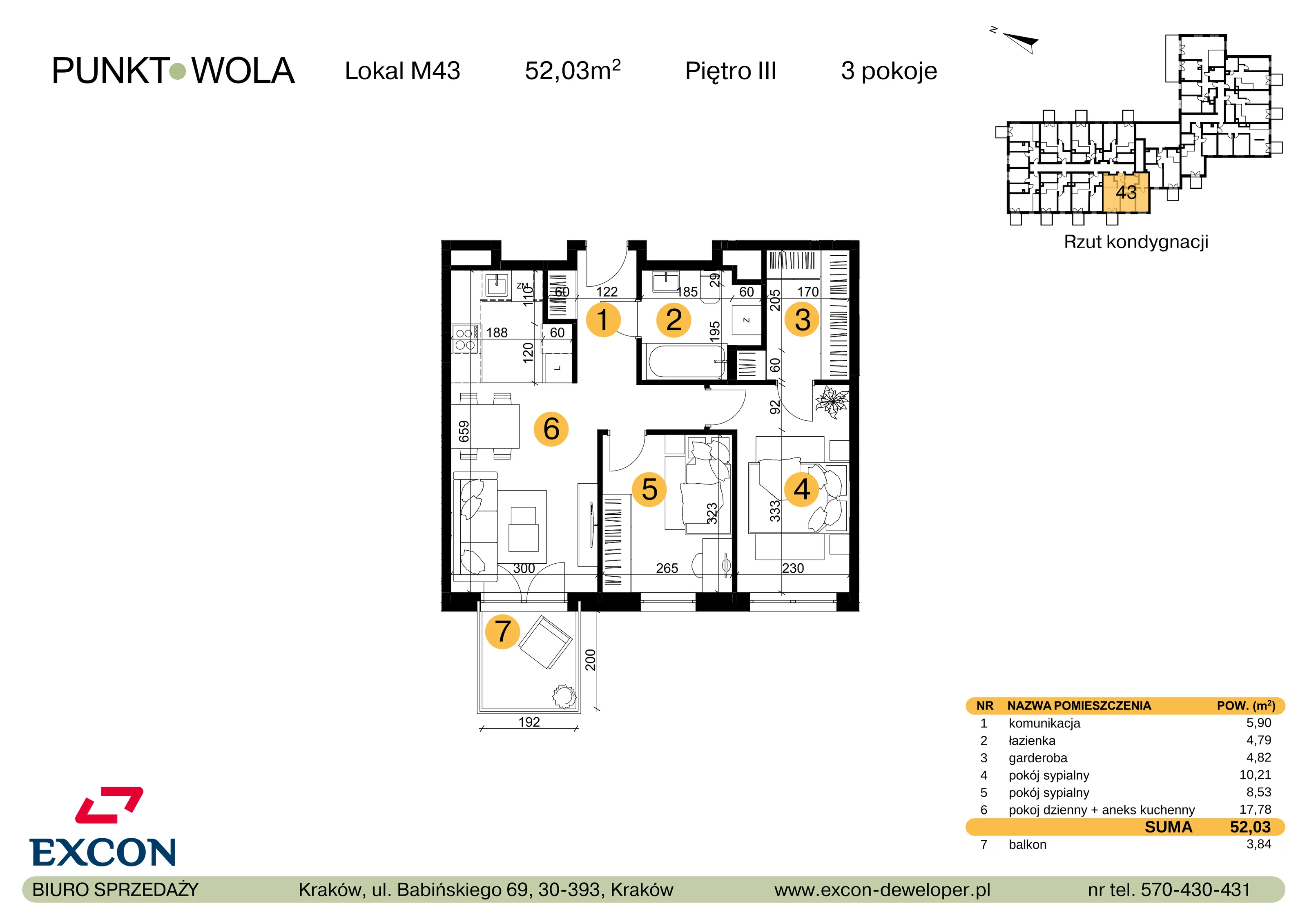 3 pokoje, mieszkanie 52,03 m², piętro 3, oferta nr M43, Punkt Wola, Kraków, Podgórze Duchackie, Wola Duchacka, ul. Trybuny Ludów 15