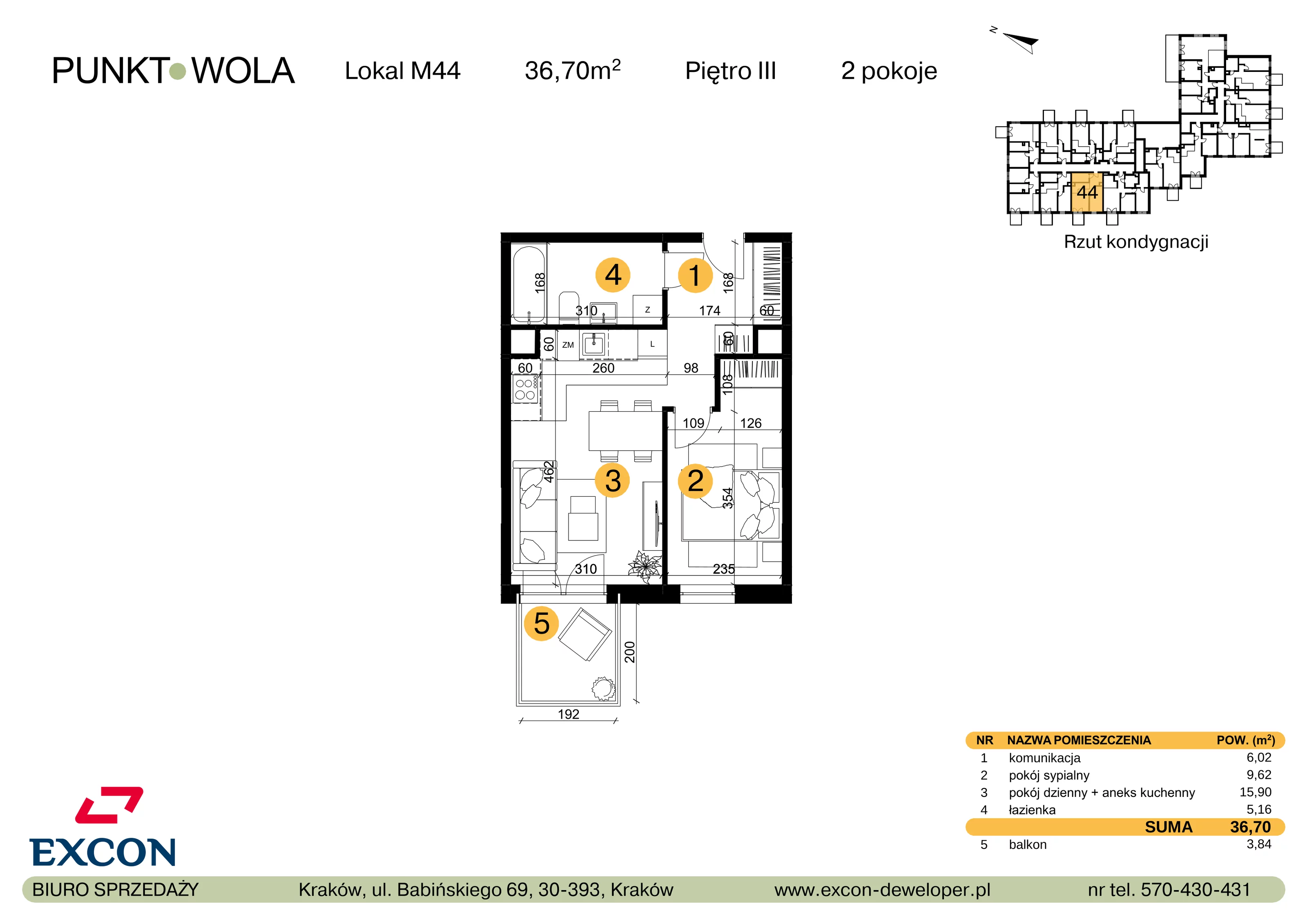 2 pokoje, mieszkanie 36,70 m², piętro 3, oferta nr M44, Punkt Wola, Kraków, Podgórze Duchackie, Wola Duchacka, ul. Trybuny Ludów 15