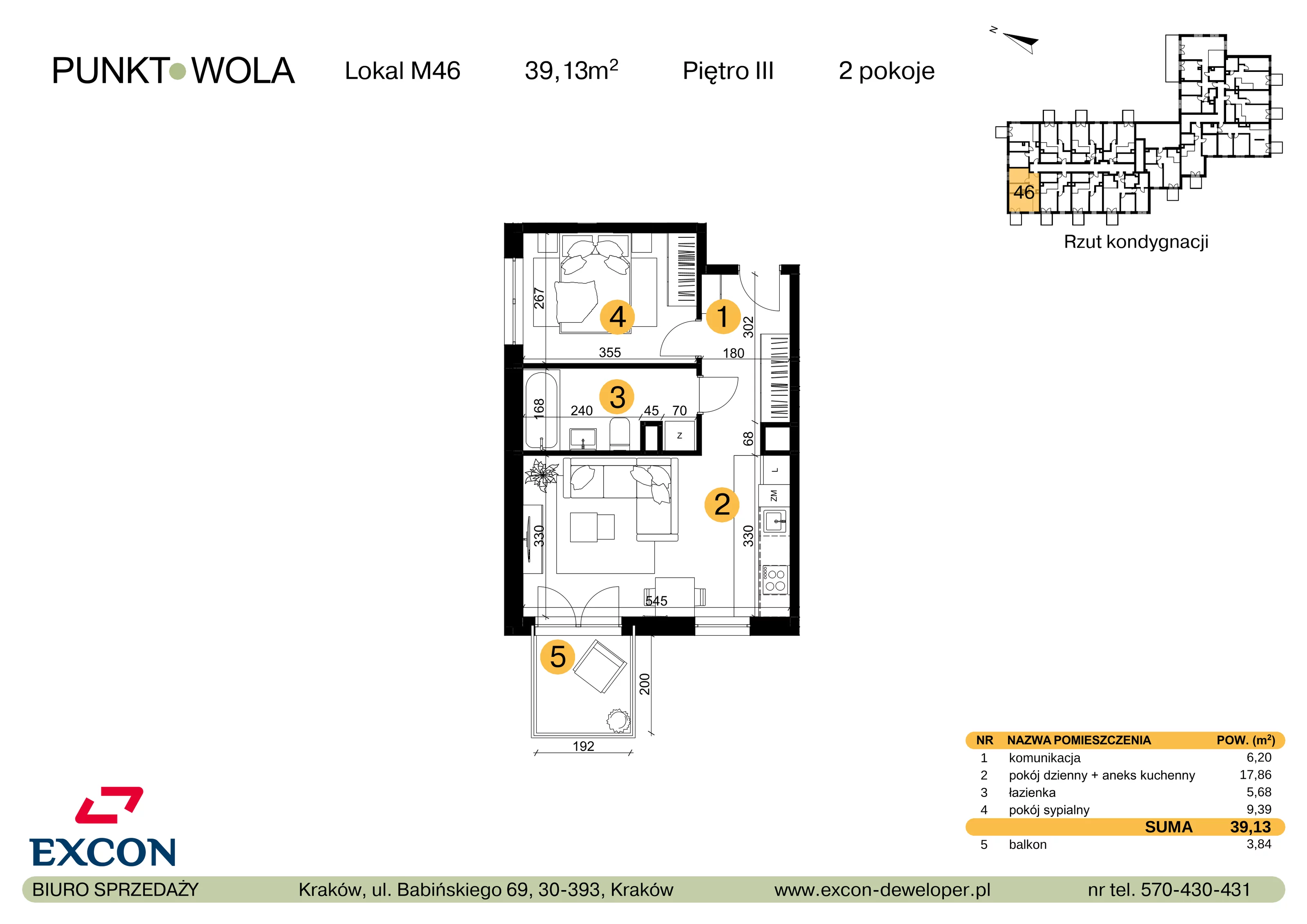 2 pokoje, mieszkanie 39,13 m², piętro 3, oferta nr M46, Punkt Wola, Kraków, Podgórze Duchackie, Wola Duchacka, ul. Trybuny Ludów 15