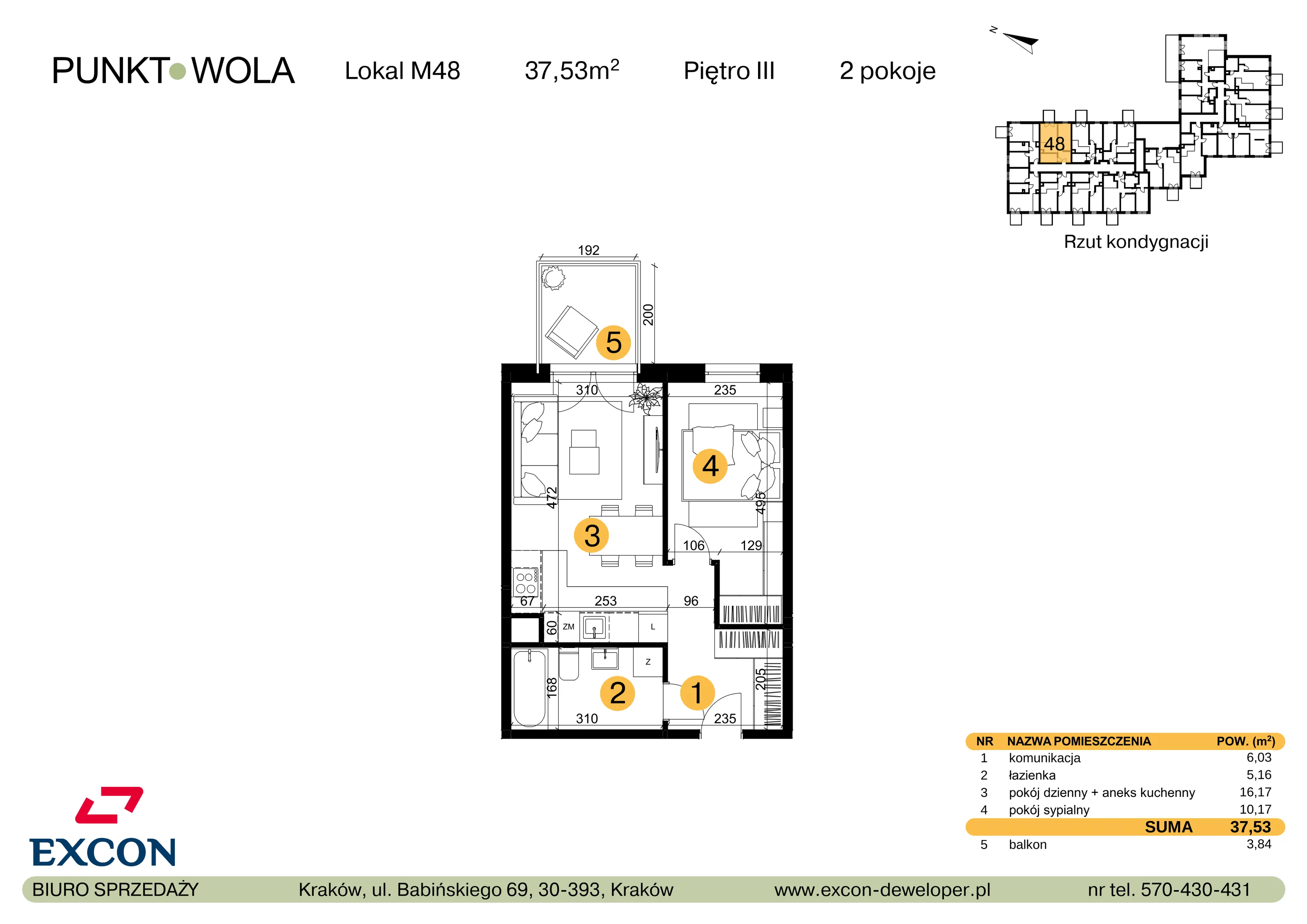 2 pokoje, mieszkanie 37,53 m², piętro 3, oferta nr M48, Punkt Wola, Kraków, Podgórze Duchackie, Wola Duchacka, ul. Trybuny Ludów 15