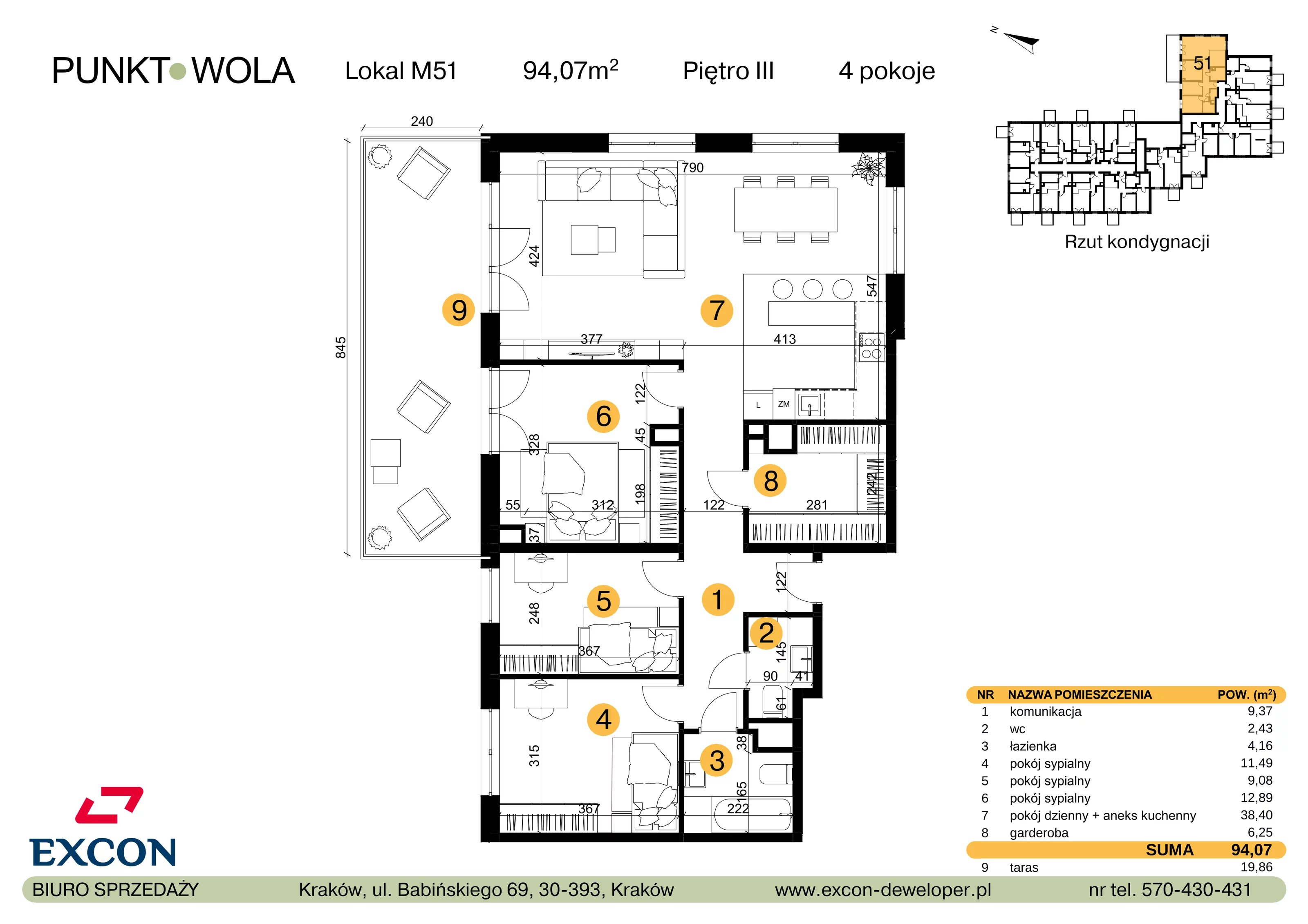 4 pokoje, mieszkanie 94,07 m², piętro 3, oferta nr M51, Punkt Wola, Kraków, Podgórze Duchackie, Wola Duchacka, ul. Trybuny Ludów 15