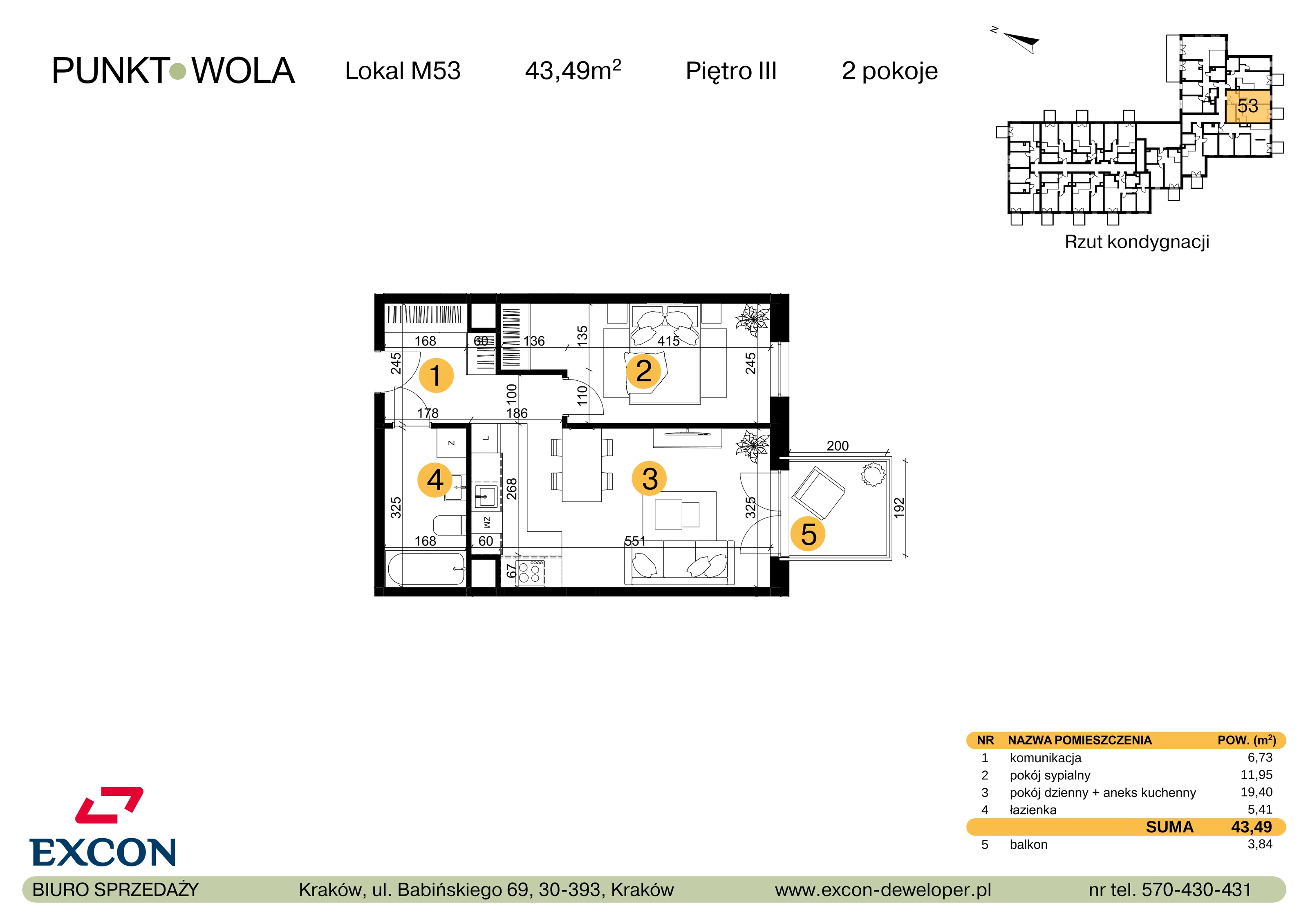 2 pokoje, mieszkanie 43,49 m², piętro 3, oferta nr M53, Punkt Wola, Kraków, Podgórze Duchackie, Wola Duchacka, ul. Trybuny Ludów 15