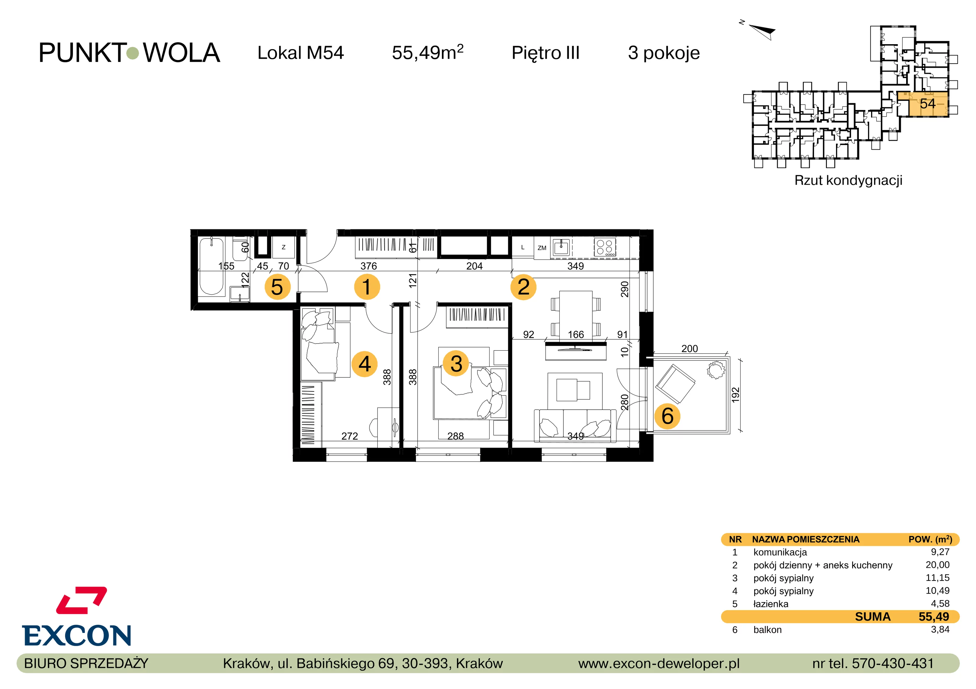 3 pokoje, mieszkanie 55,49 m², piętro 3, oferta nr M54, Punkt Wola, Kraków, Podgórze Duchackie, Wola Duchacka, ul. Trybuny Ludów 15