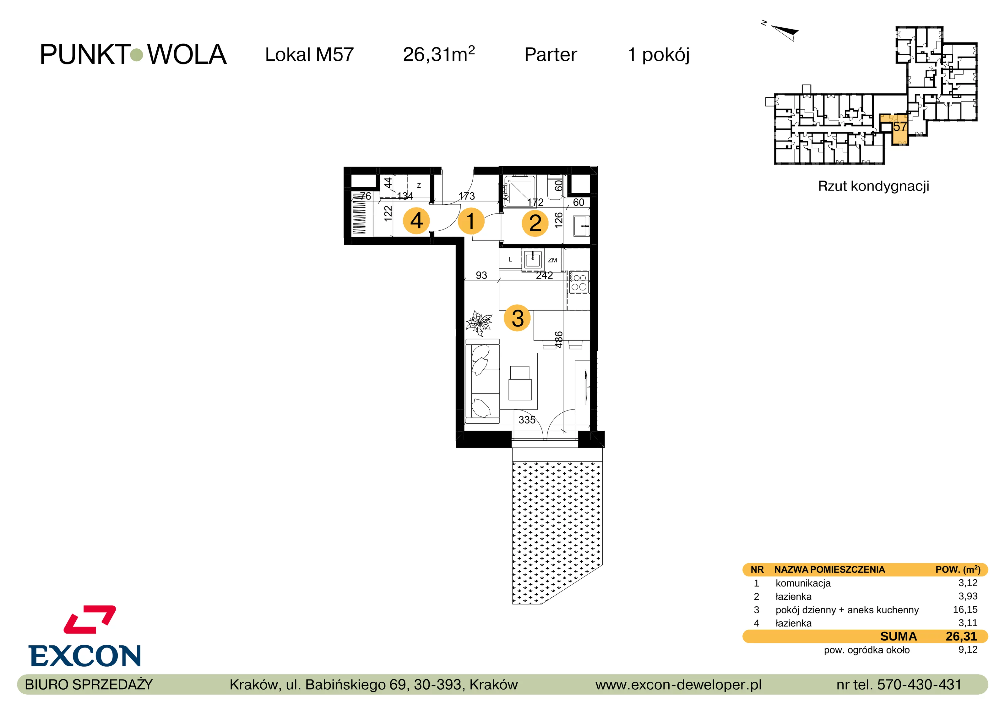 1 pokój, mieszkanie 26,31 m², parter, oferta nr M57, Punkt Wola, Kraków, Podgórze Duchackie, Wola Duchacka, ul. Trybuny Ludów 15