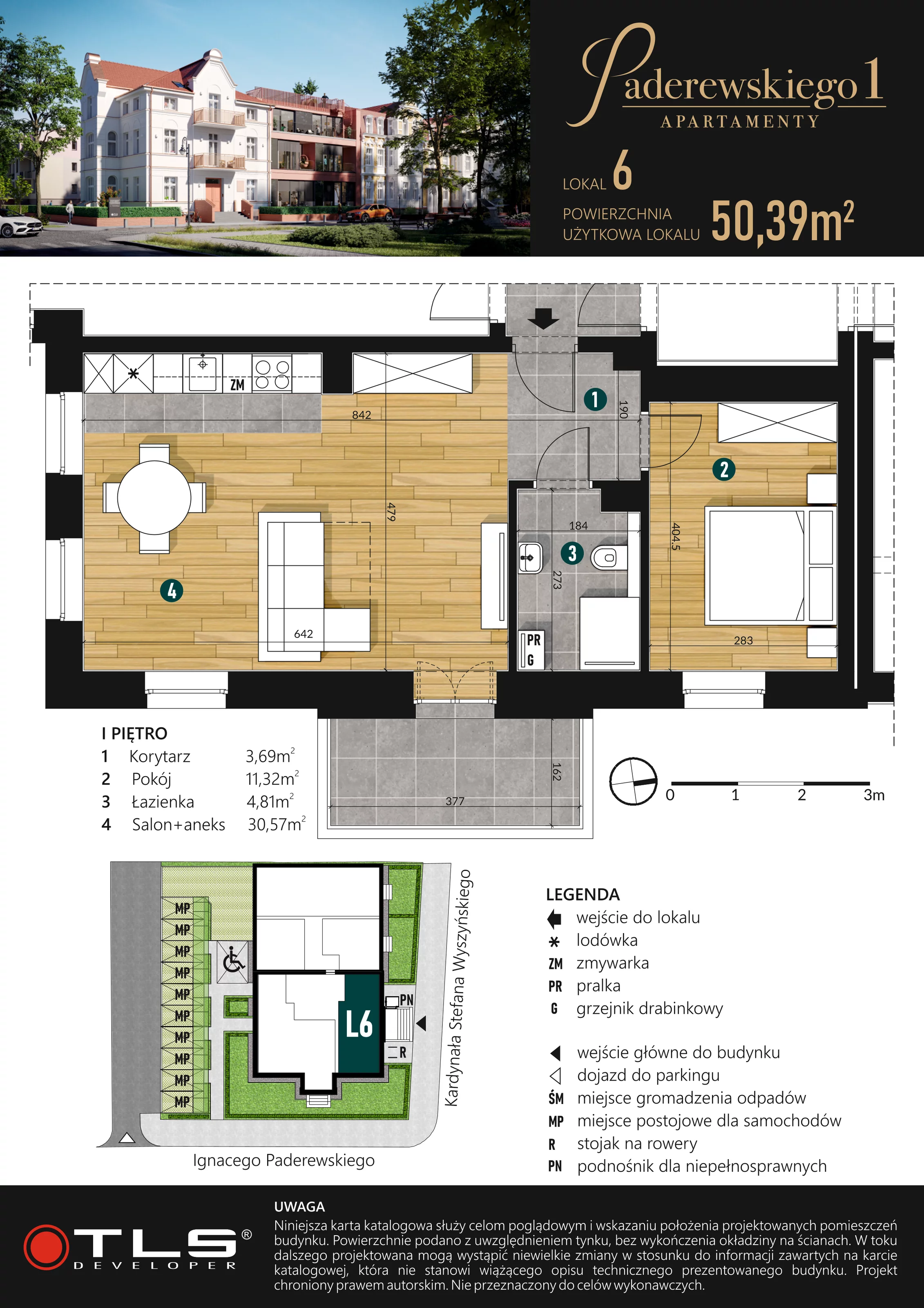 2 pokoje, apartament 50,39 m², piętro 1, oferta nr L6, Paderewskiego 1, Świnoujście, Śródmieście, ul. Paderewskiego 1